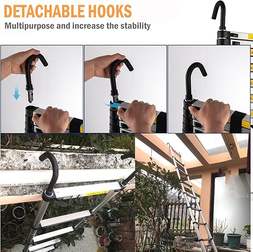 Miniatura 6 de TOPDEEP Escalera de extensión telescópica de 203 pies escalera de extensión de aluminio plegable con 2 ganchos desmontables escaleras plegables