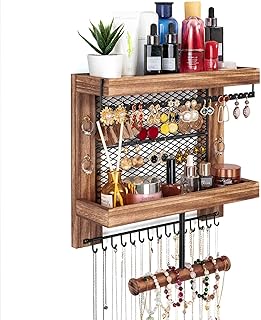 Pinzoveco Hanging Jewelry Organizer Wall Mounted With Wall Jewelry Organizer Holder For Necklaces Bracelet Earrings Ring (Rustic Wood)