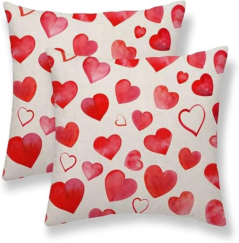 Juego de 2 fundas de almohada para el día de San Valentín de 18 x 18 pulgadas, diseño de corazón rojo acuarela para decoración del día de San
