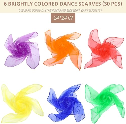 Miniatura 4 de Colovis Bufandas de baile, 6 colores, 30 bufandas cuadradas de malabares para jugar con niños, bufanda de juego de 24 x 24 pulgadas para niños