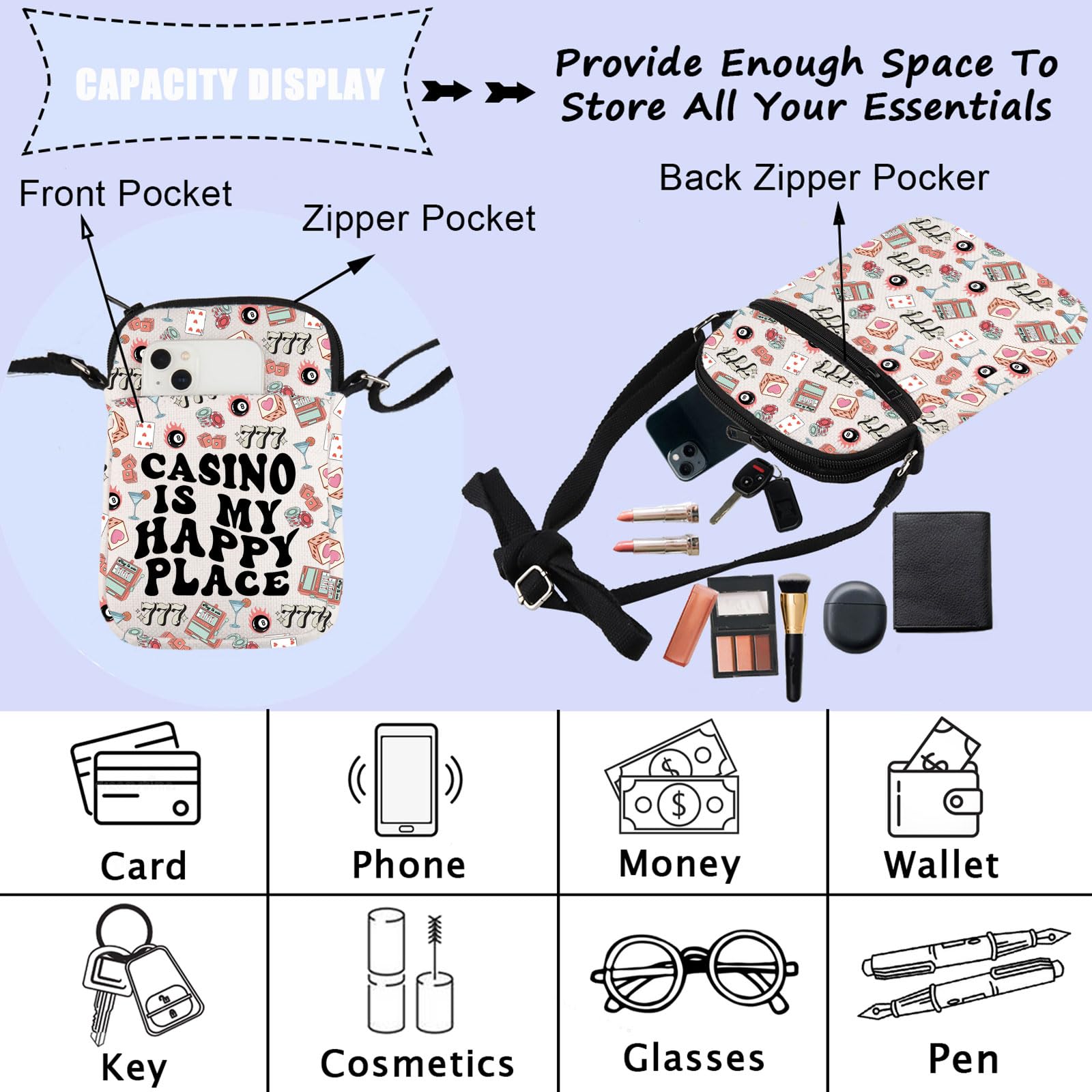 ENSIANTH Casino Player Crossbody Bag Casino Gambler Gift Poker Player Messenger Bag Gambling Lover-777 Slot Machine Gift