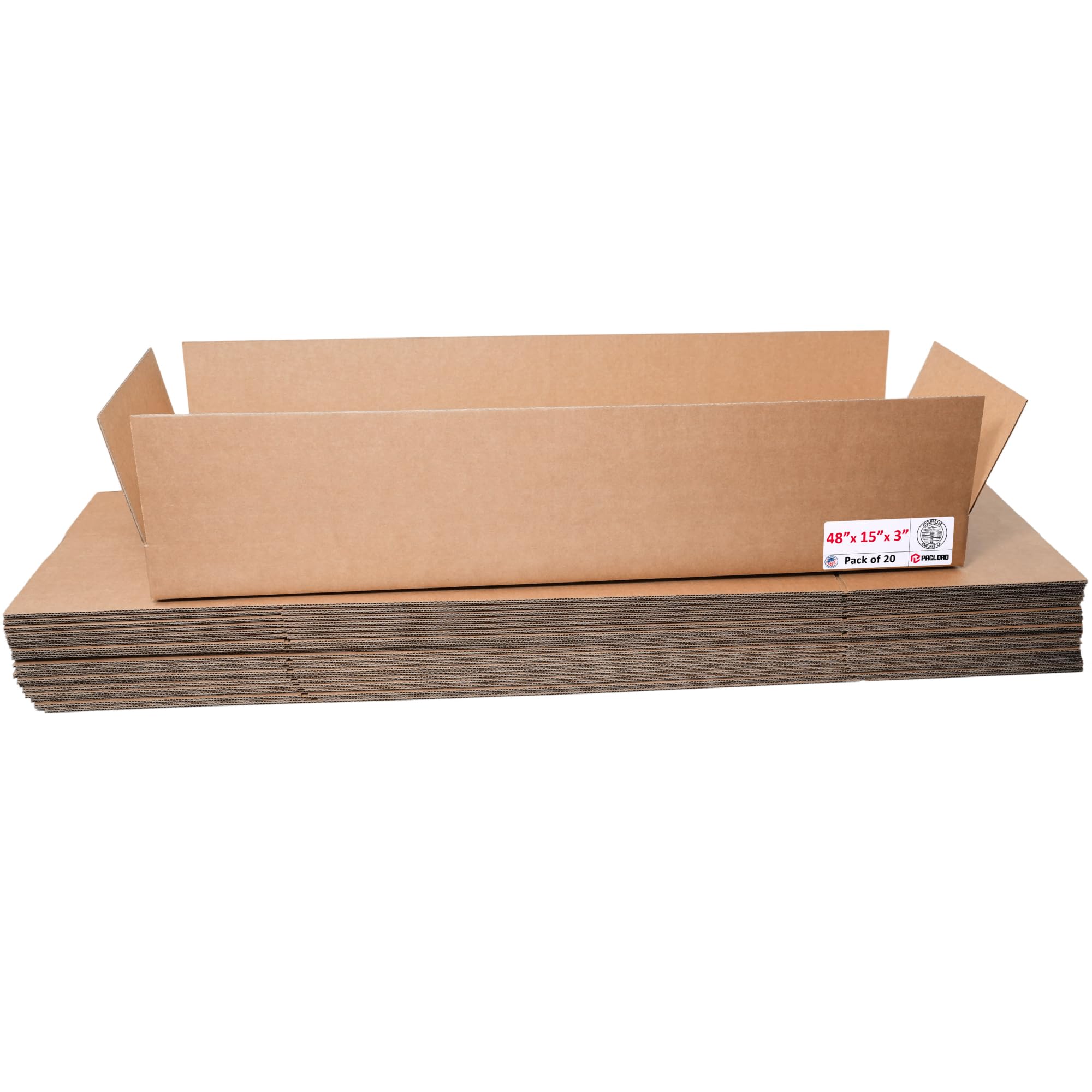Flat Cardboard Boxes 48"L x 15"W x 3"H (Pack of 20) - USA-Made Packing Boxes for Moving, Shipping, or Storage - USPS, UPS, FedEx Approved - Professional Packing Supplies for Moving | USA-Made Packing Boxes for Moving, Shipping, or Storage - USPS, UPS, FedEx Approved - Professional Packing Supplies