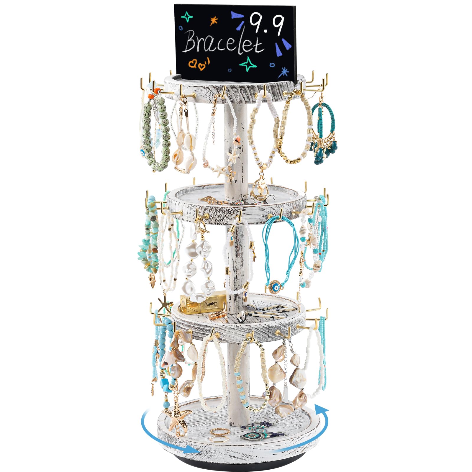 Lolalet Vintagewhite 4 Tier Bracelet Holder, Wooden Rotating Jewelry Display Stand With 42 Hooks Jewelry Tray 360 Degrees Rotatable Rustic Tree Storage For Bracelets Key Chains Small Accessories -Vintage White