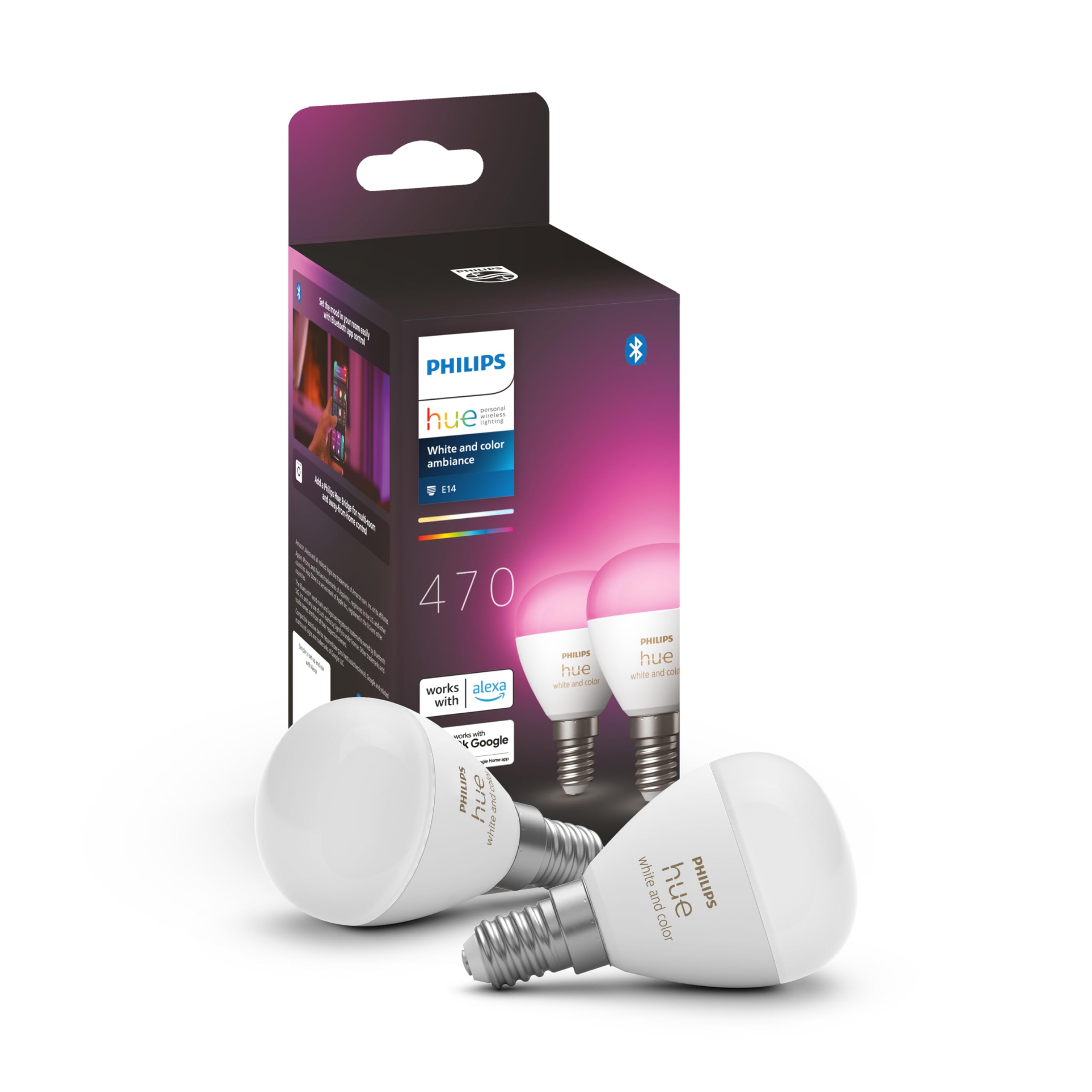 Philips Hue Starterpaket - E14 - mit 4 Kugel LED Lampen - Weißes und Farbiges Licht - inkl. 1 Hue Bridge - Hue White and Color Ambiance