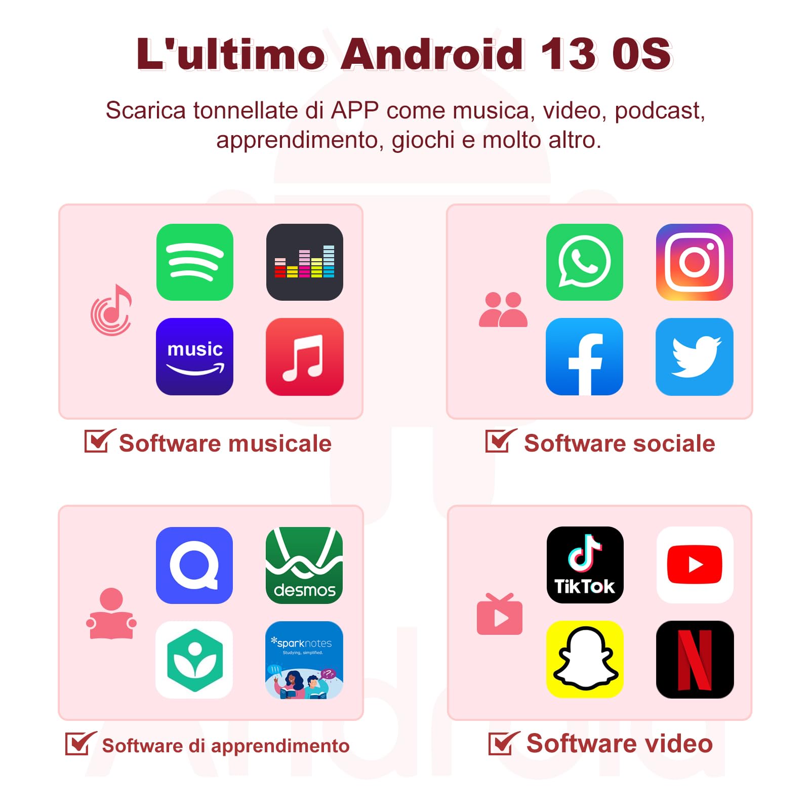 Lettori MP3 144GB con Bluetooth WiFi, lettori MP4 da 2000mAh con schermo touchscreen da 4” e altoparlante, lettori musicali MP3 con sistema operativo Android 13, Spotify, Audible, Play Store (Pink)