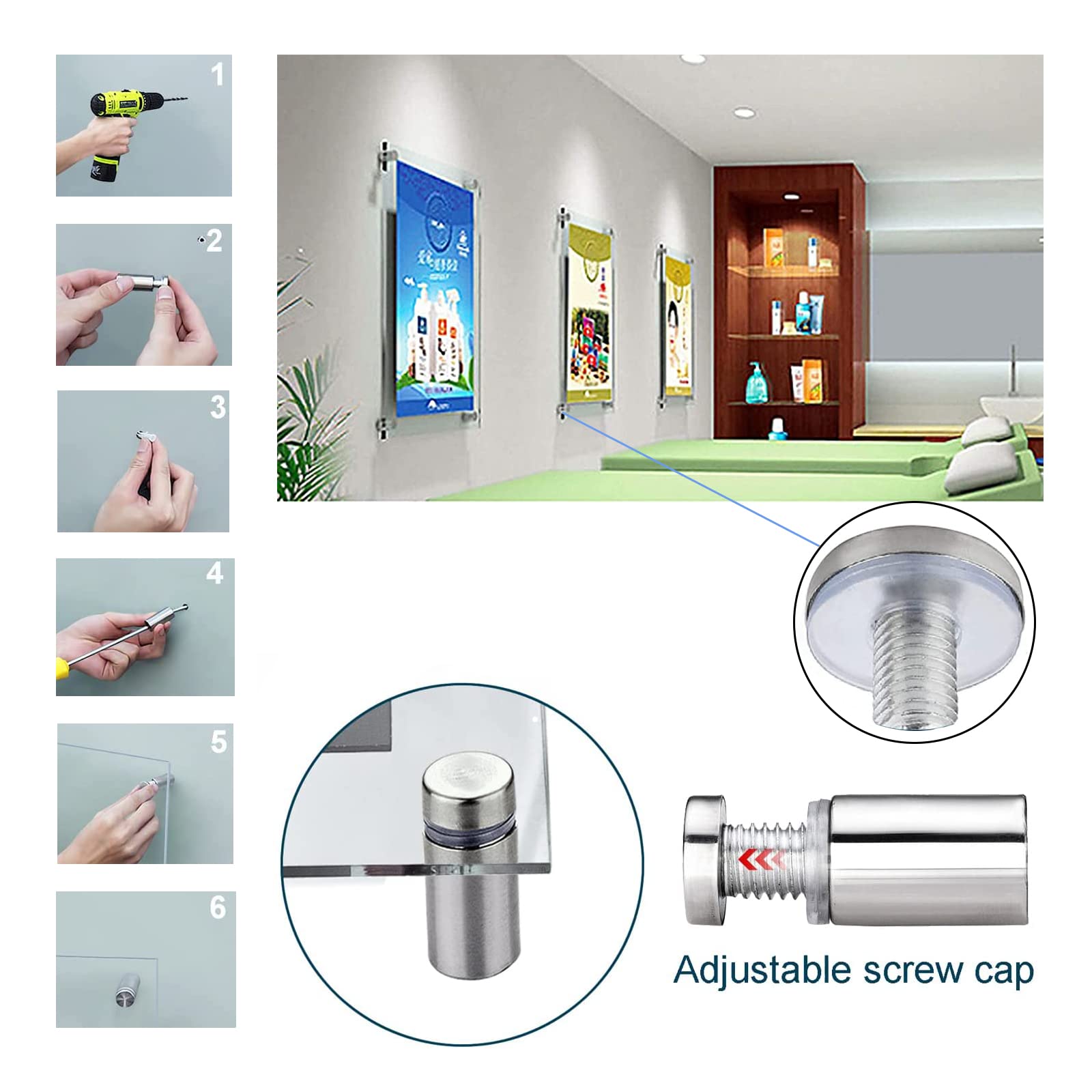 Distanziali Per Plexiglass 30 Pz - In Acciaio Inox, Per Targhe E Cartelloni Pubblicitari - Foto 7