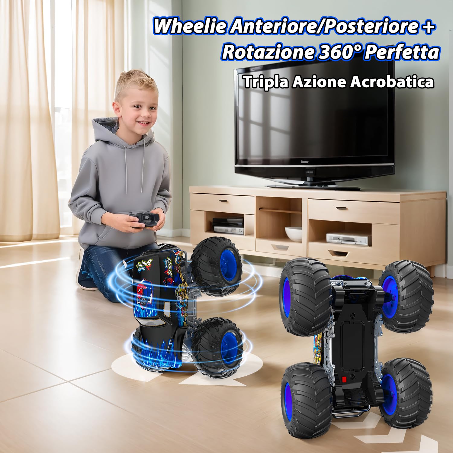 Monster Truck Telecomandato, 1:16 Macchina Telecomandata per Bambini con Luci, 360° Rotazioni, Camminare in posizione eretta/a testa in giù, Macchine Telecomandate per Bambini 4, 5, 6, 8+ Anni