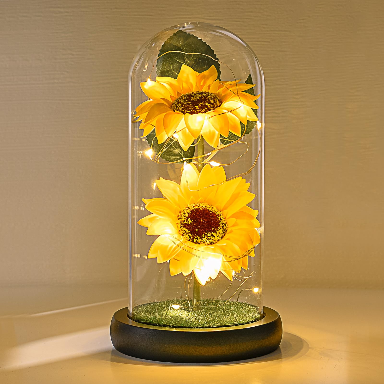 Sunflower Gifts for Women, Sunflowers Artificial Flowers in Glass Dome with LED Strip, Birthday Gifts for Mom & Grandma, Sunflower Decor on Mother's Day, Christmas, Valentine's Day (Yellow-New)