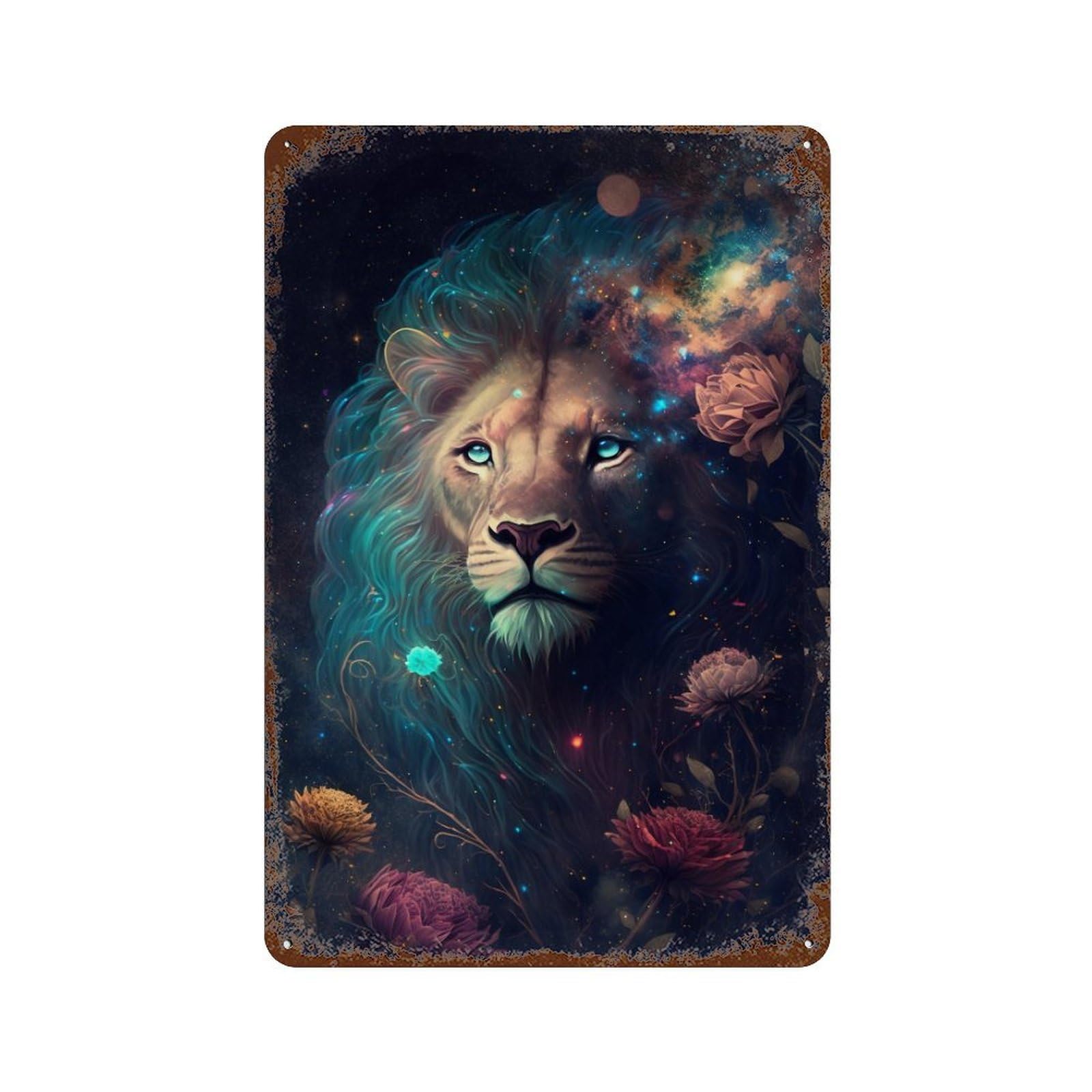 Garage Style Galactic Lion Majesty Rustic Tin Plaque 11.8"x7.9", Vintage Wall Decor for Bar And Workshop