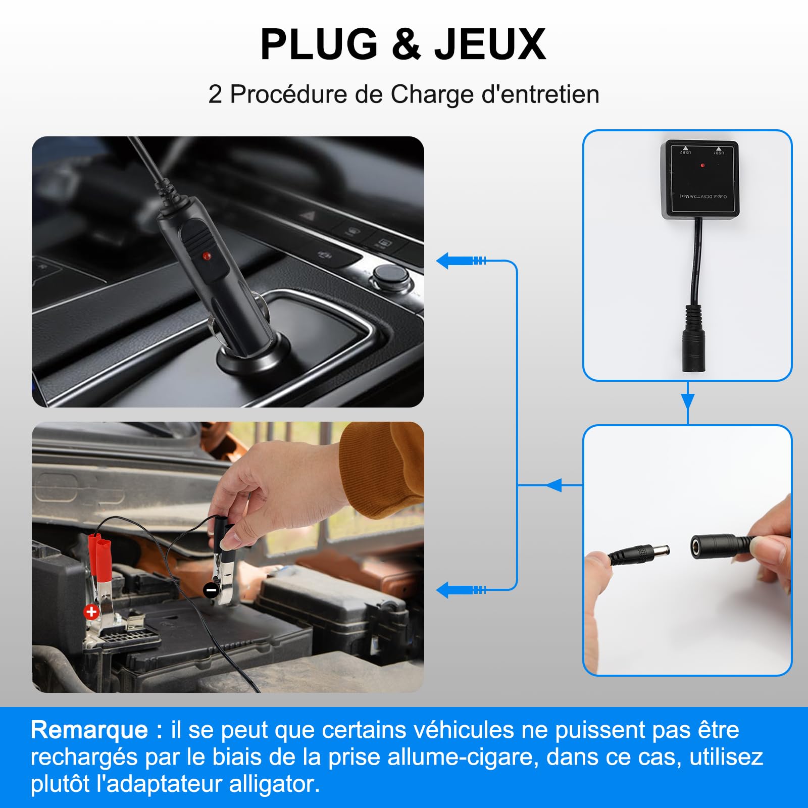 18W Chargeur de Batterie de Voiture Solaire 2 Ports USB, Chargeur d'entretien Solaire Portable, Chargeur d'entretien Solaireavec Allume-Cigare ou Pinces Crocodile pour RV, Bateau, Moto