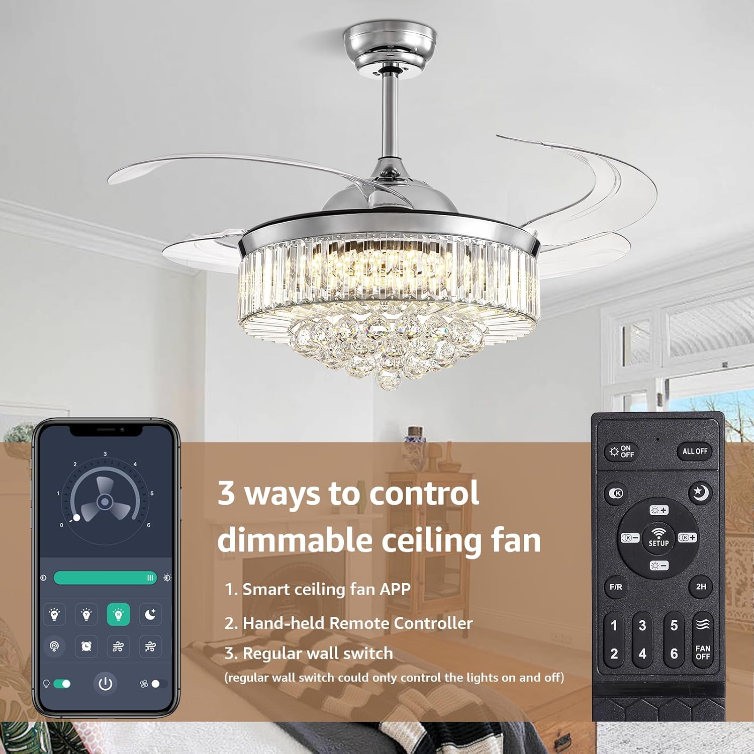 Modern 48 Inch Dimmable Crystal Fandelier, Retractable Blades Ceiling Fans with Light and Remote, Invisible LED Ceiling Fan Light Kit for Bedroom-Polished Chrome