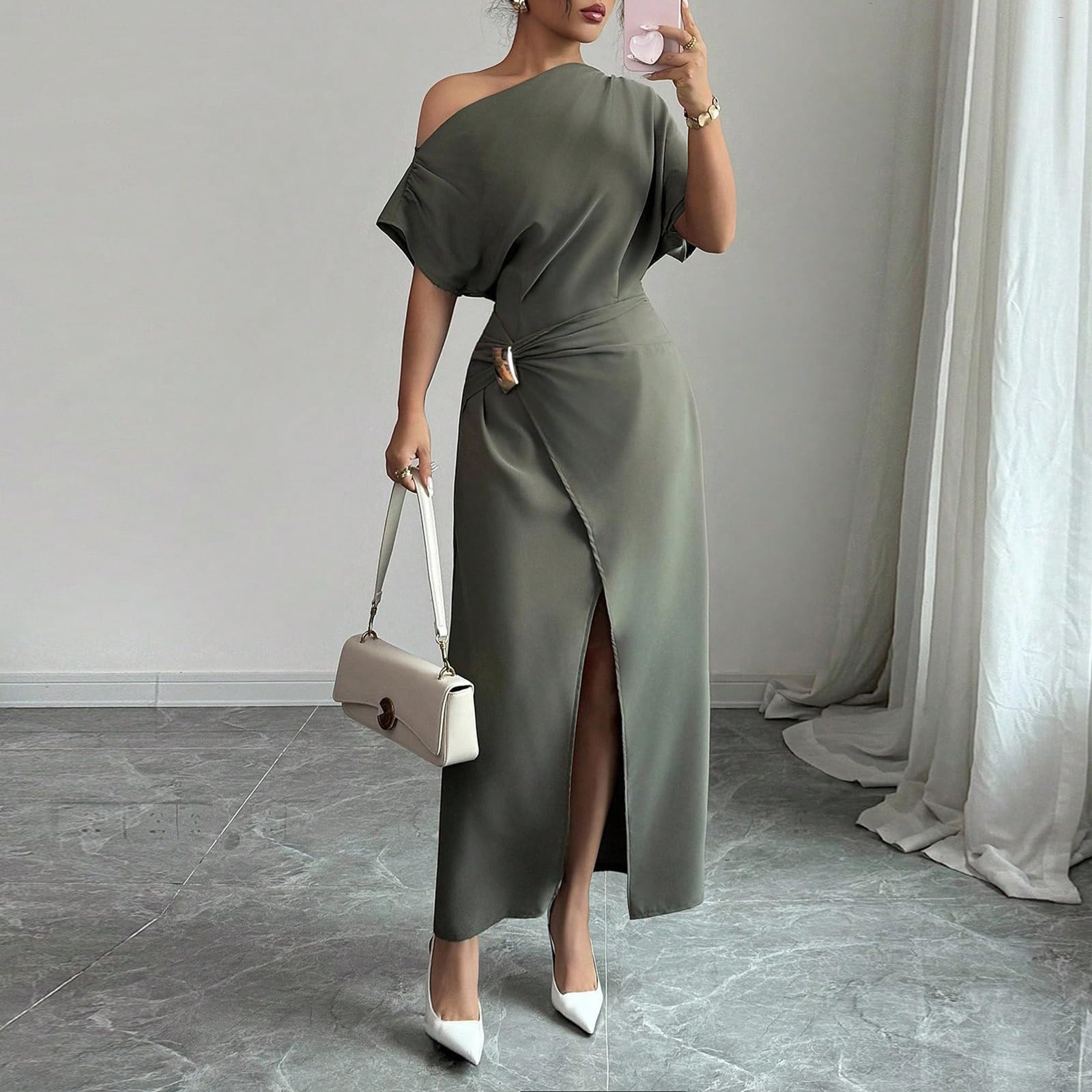 Festliches Kleid Damen Hochzeit Wickelkleid One Shoulder Kleid Schulterfrei Cocktailkleid Hochzeitsgast Damenkleider Elegant Frauen Sommerkleid Kurzarm Abendkleid Lang