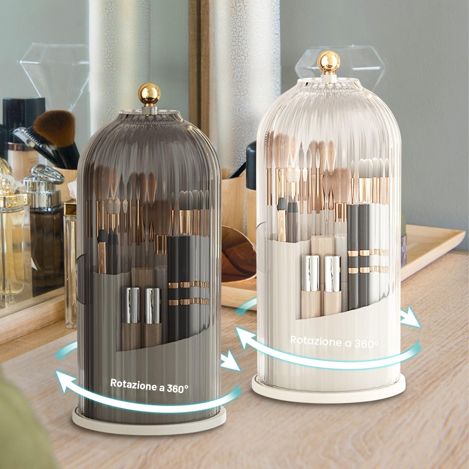 Organizer per pennelli da trucco, 360 pennelli girevoli, organizer, trasparente, antipolvere, con coperchio per tavolo da toeletta, bagno, camera da letto (trasparente)