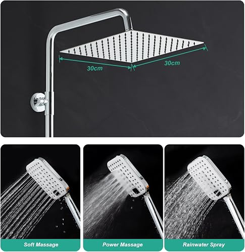 OFFO Colonna Doccia Senza Miscelatore, Asta Doccia Saliscendi con Soffione Pioggia 30x30cm e Doccetta 3 Getti, Asta Doccia Regolabile in Altezza 86-120cm, Tubo Acciaio Inox Antitorsione 1.6m, Cromo - 4