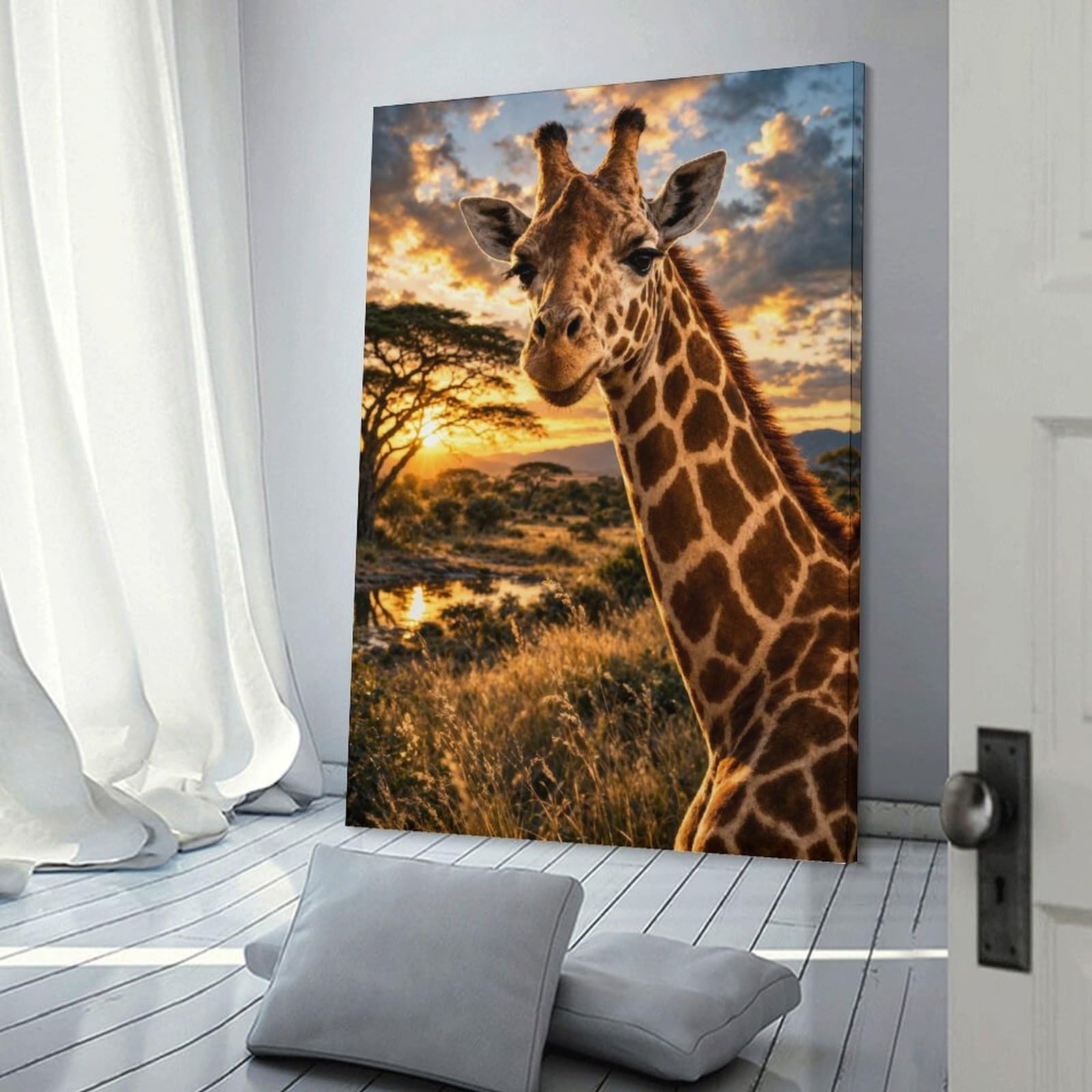 Junmoney Frame-Style-19 Giraffe At Sunset In The Savanna Canvas Wall Decor, 16X24inch(40X60cm), For Flats, Guest Rooms Or Compact Rooms, Decorative Canvas Decor For Home Updates