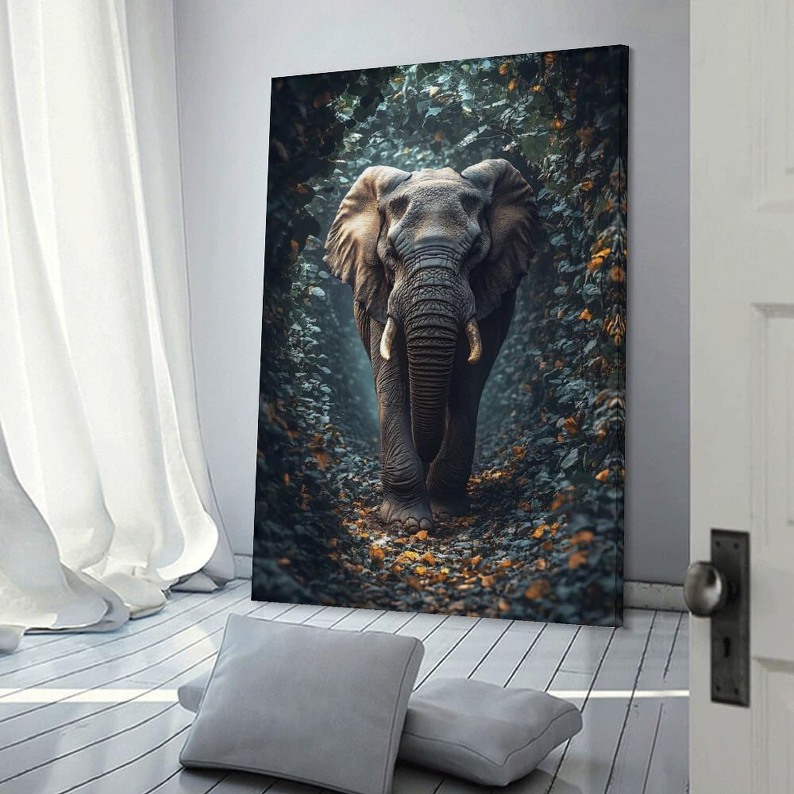 Junmoney Elephant in A Lush Forest Path Wall Art Print, 20x30inch(50x75cm), for Bedroom Walls, Guest Spaces Or Lounges, Home Artwork with A Soft Interior Feel