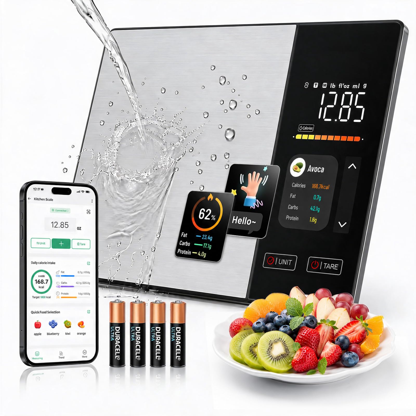 Smart Nutrition Lebensmittelwaage mit LED-Anzeige, verfolgt Kalorien, Fett, Kohlenhydrate und Protein per App, 1 g digitale Präzisions-Küchenwaage für gesunde Ernährung & Mahlzeitenzubereitung
