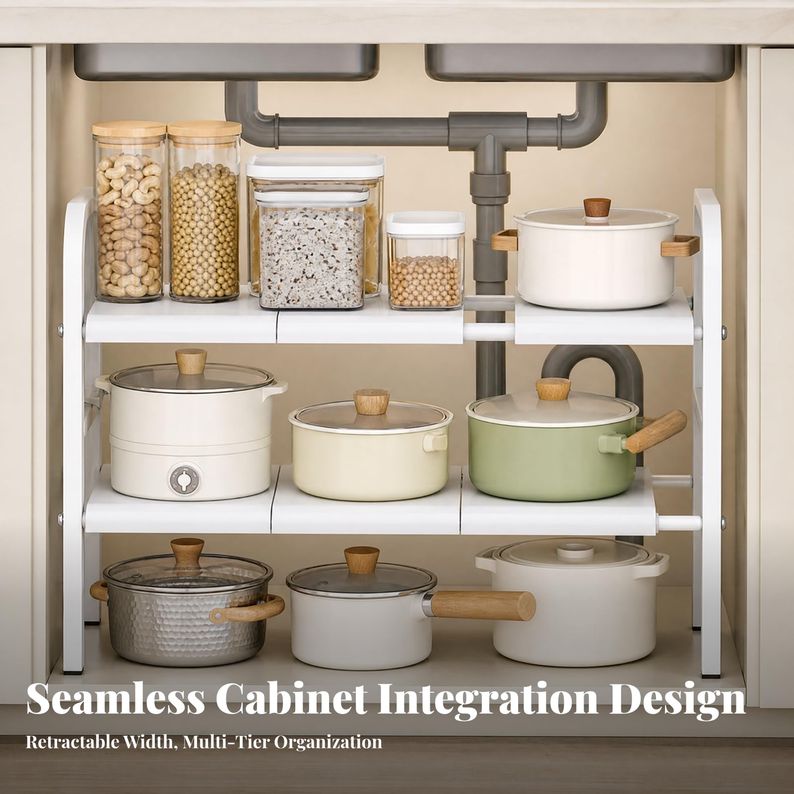 Organizer Estensibile a 2 Livelli Modulare Organizer sotto Lavello Regolabile Pentole con Ripiani Regolabili per Interno Armadio, Grigio