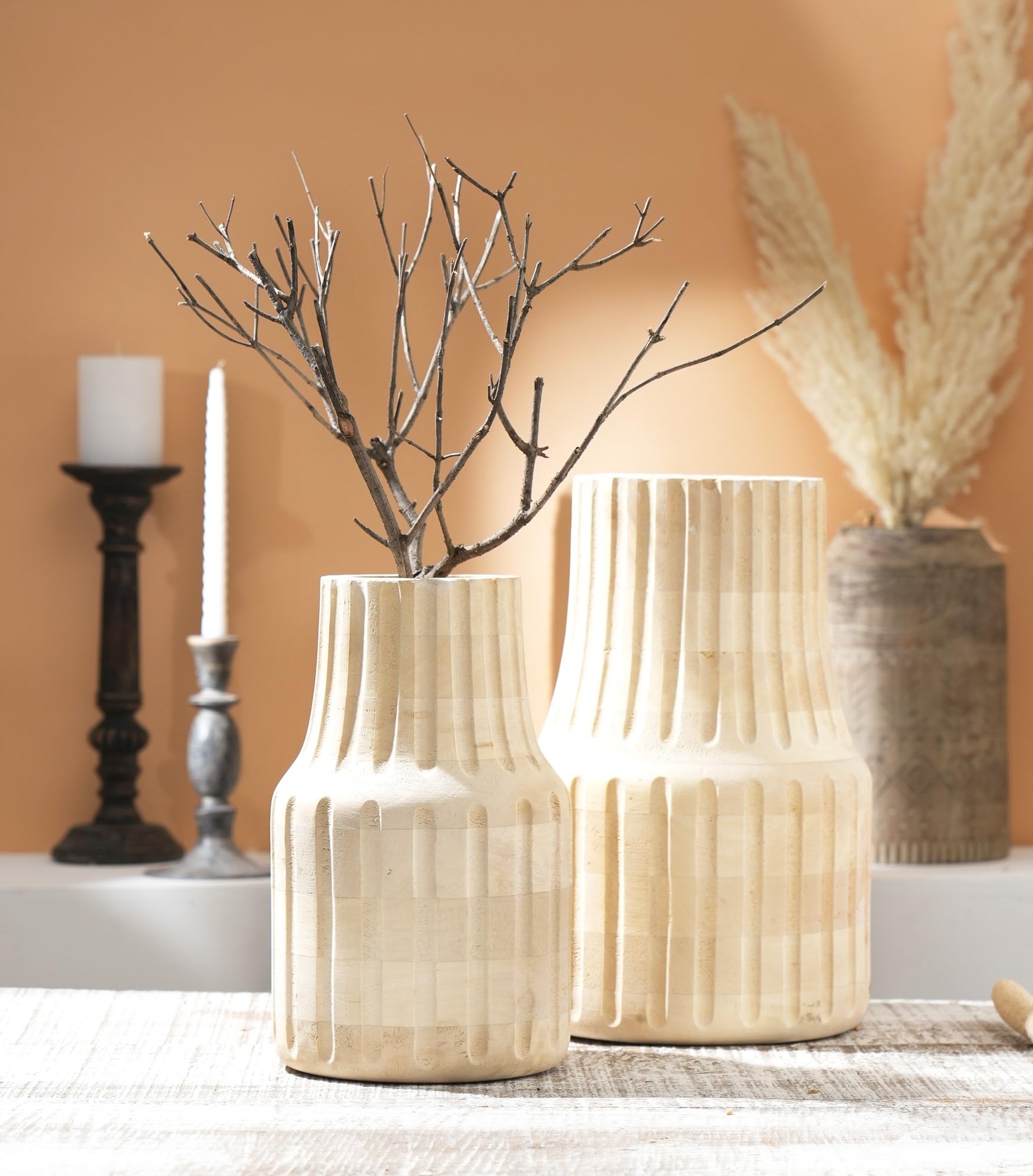 Designer Library- Abeer Handmade Mango Wood Flower Vase, Sun Bleach & Natural | Dining Table Decorative Item | Flower Pots for Home Decoration | Small Size-7'X 12', Large- 9.25"X 15' Inch (Pack of 2)