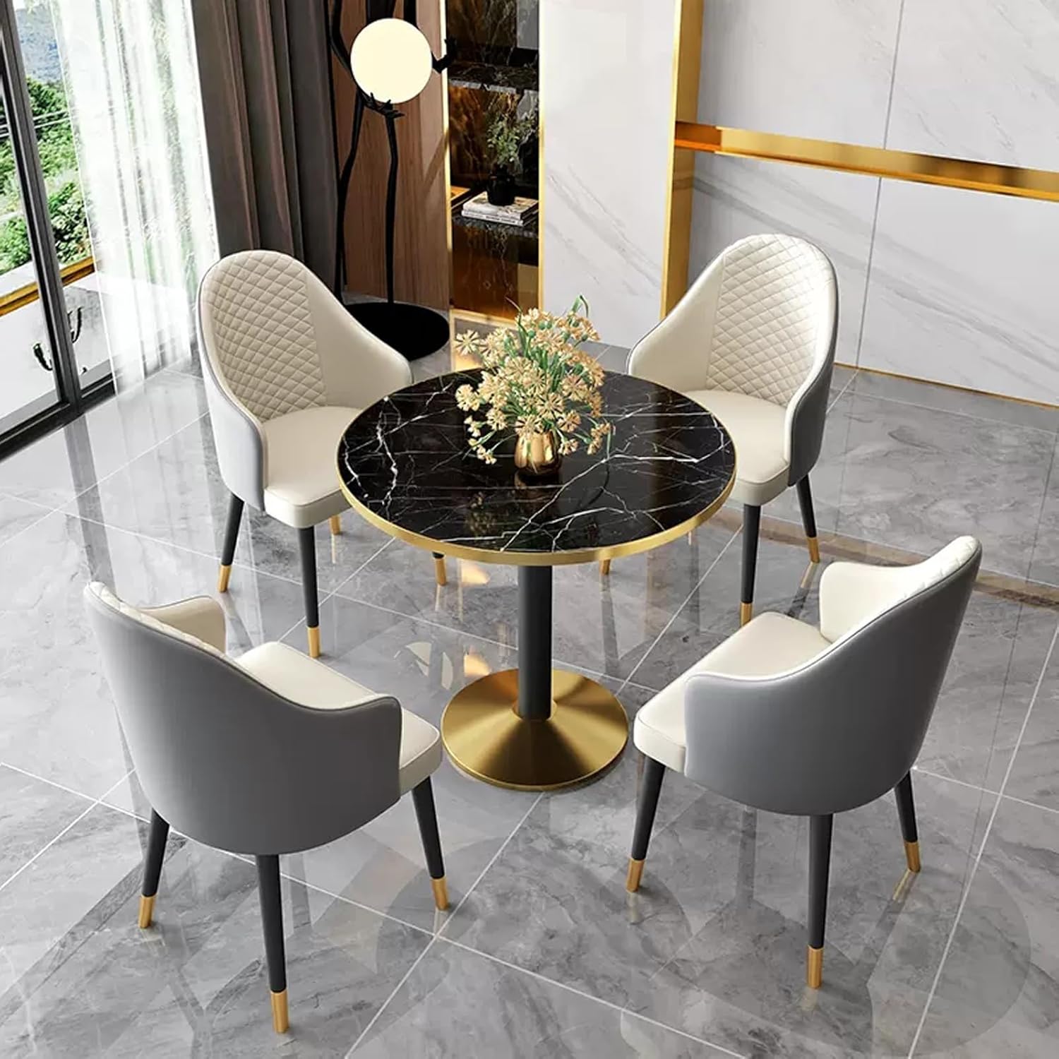 オフィスの受付、ビジネス交渉、ダイニングミーティングに最適なモダンなブルーのラウンドテーブルセット(Black a) コーヒーテーブル、会議室テーブル、 テーブルと椅子のセット、レセプションテーブルと椅子の組み合わせ、ラウンドダイニングテーブルセット、 モダンな ...