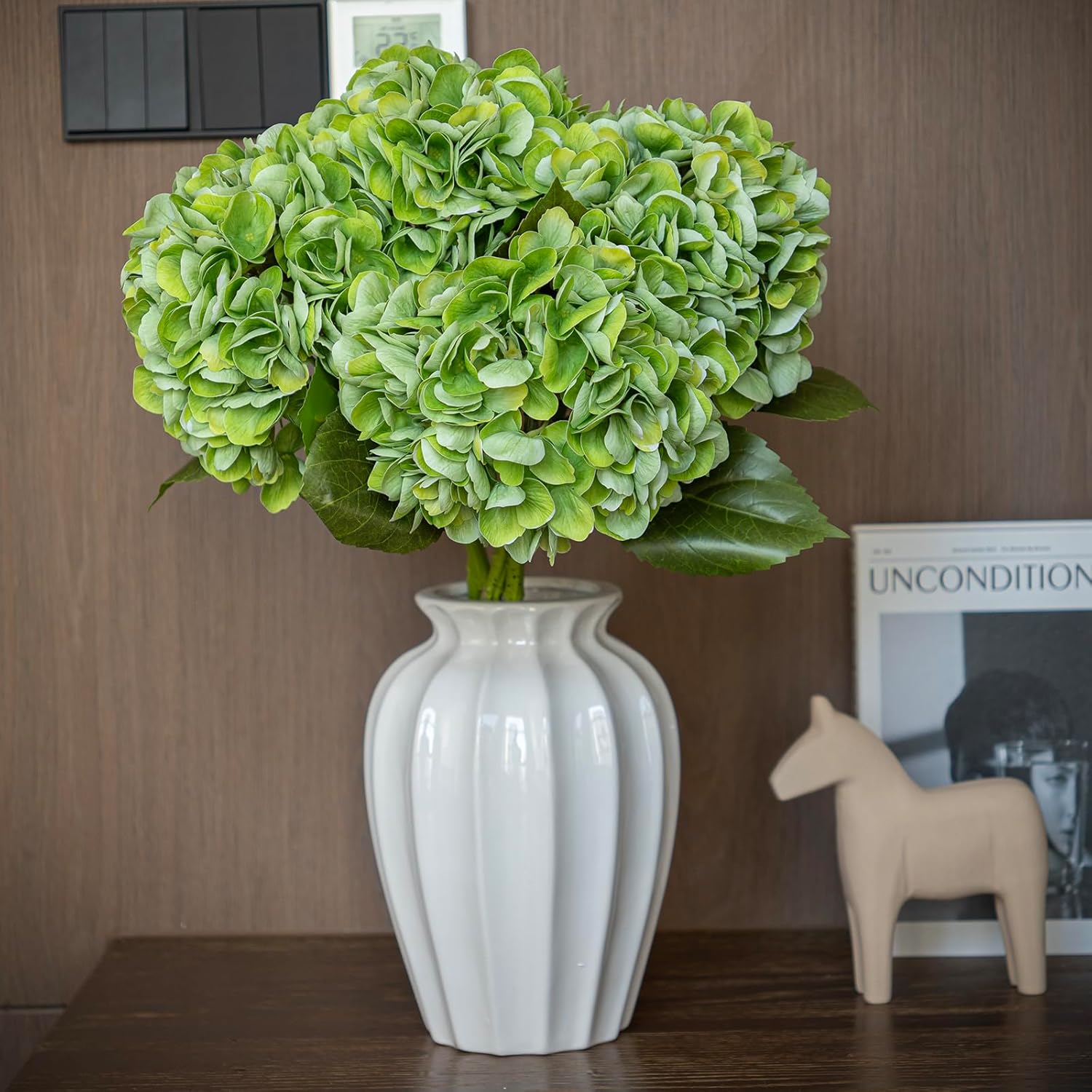DUYONE 4pcs 22.4'' Realistic Large Artificial Hydrangea Flowers with Long Stem,Green Lifelike Latex Soft Flowers for Home Decor Wedding Arrangements Party Living Room Bouquets Centerpieces
