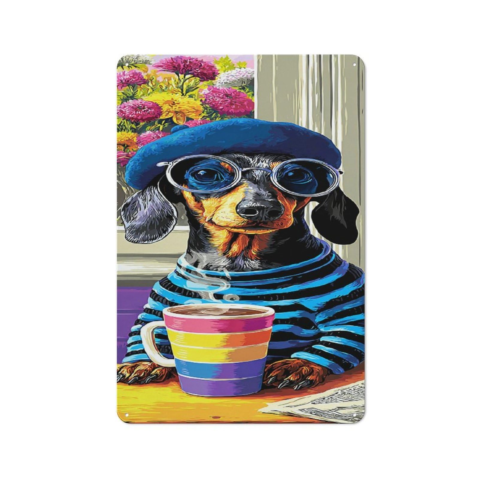 Junmoney Chic Dachshund Enjoying Coffee 30X20cm Vintage Tin Sign With For Hobby Room Or Studio, For Winter Interiors And Metal Sign Collectors