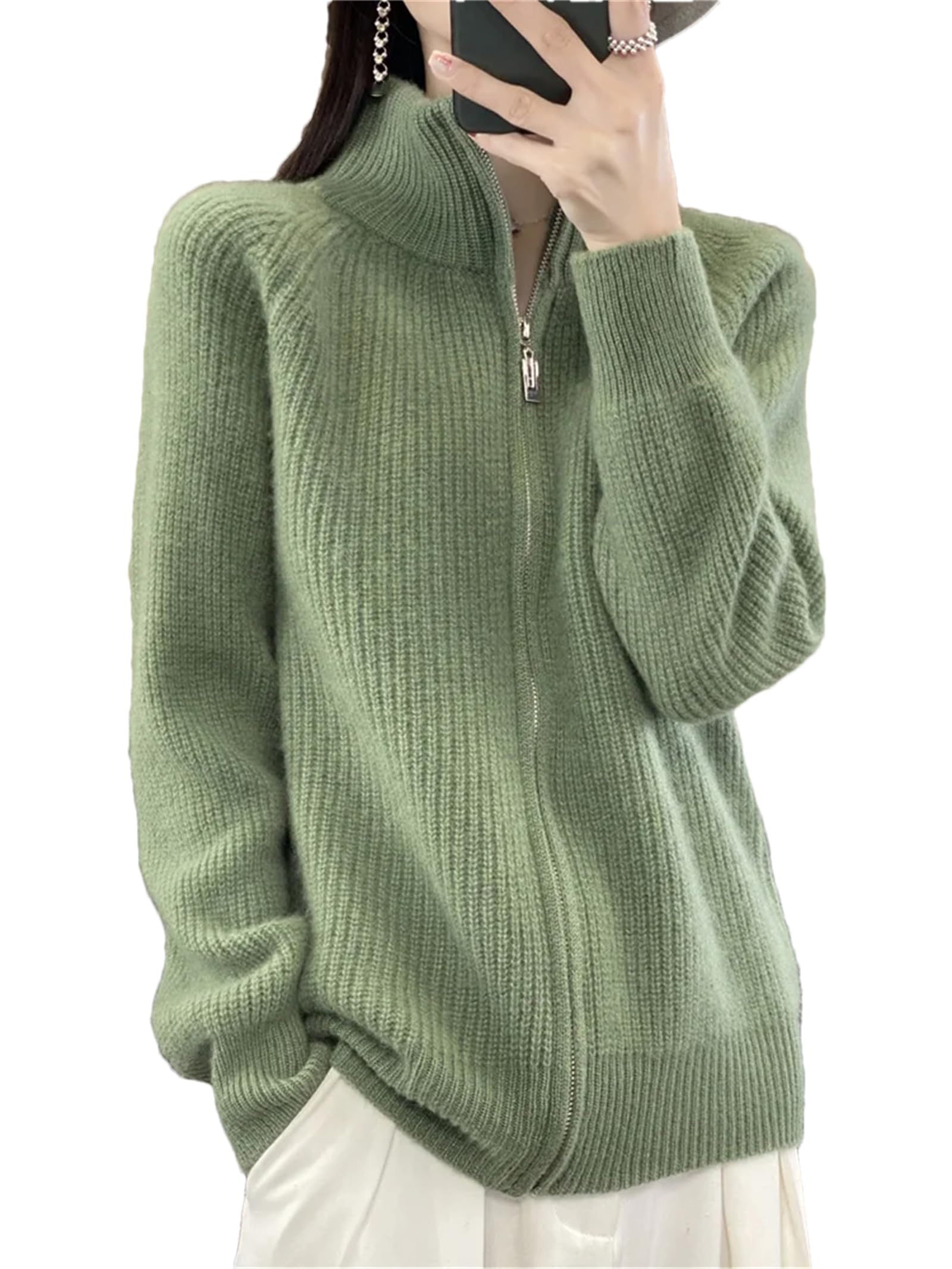 Hndudnff Damen-Strickjacke, Merinowolle, lässiger Rollkragen, Reißverschluss, Kaschmirjacke, Mantel