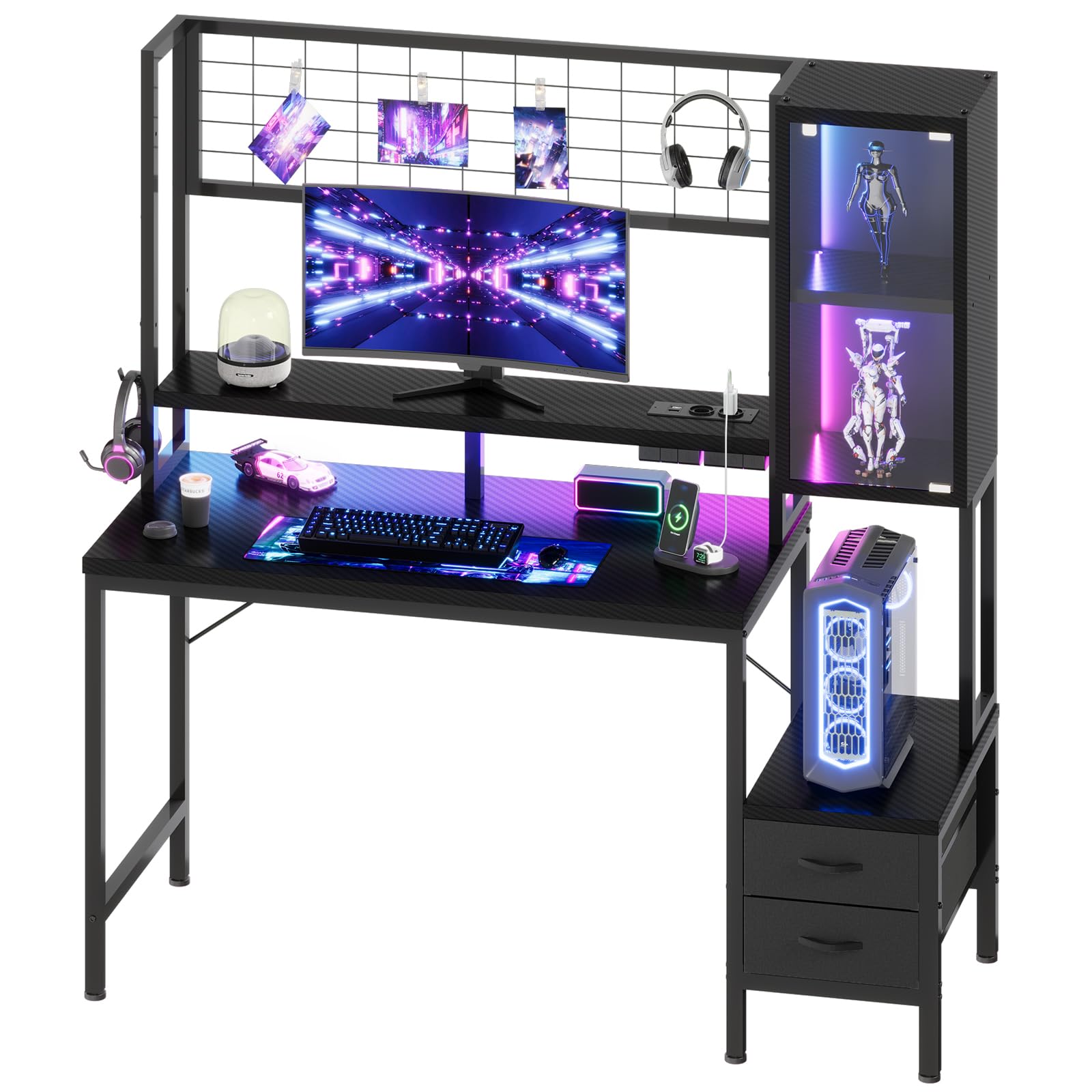 Devoko Scrivania Da Gaming Angolare Con LED E Prese, 120 cm, Arredamento Per Ufficio, Con Ganci E 2 Cassetti In Tessuto, Ideale Per il Telelavoro E I Videogiochi, Nera | Con ganci e 2 cassetti in tessuto, Perfetta per telelavoro e videogiochi