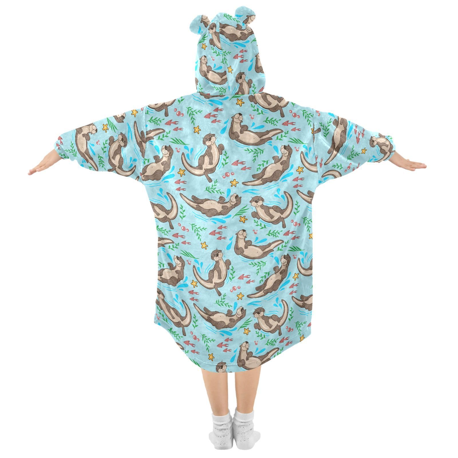 JHKKU Cute Otters Wearable Blankets for Kids, Oversized Flannel Blanket Hoodie for Kids, Warm Blanket Hoodie for Boys Girls with Pockets