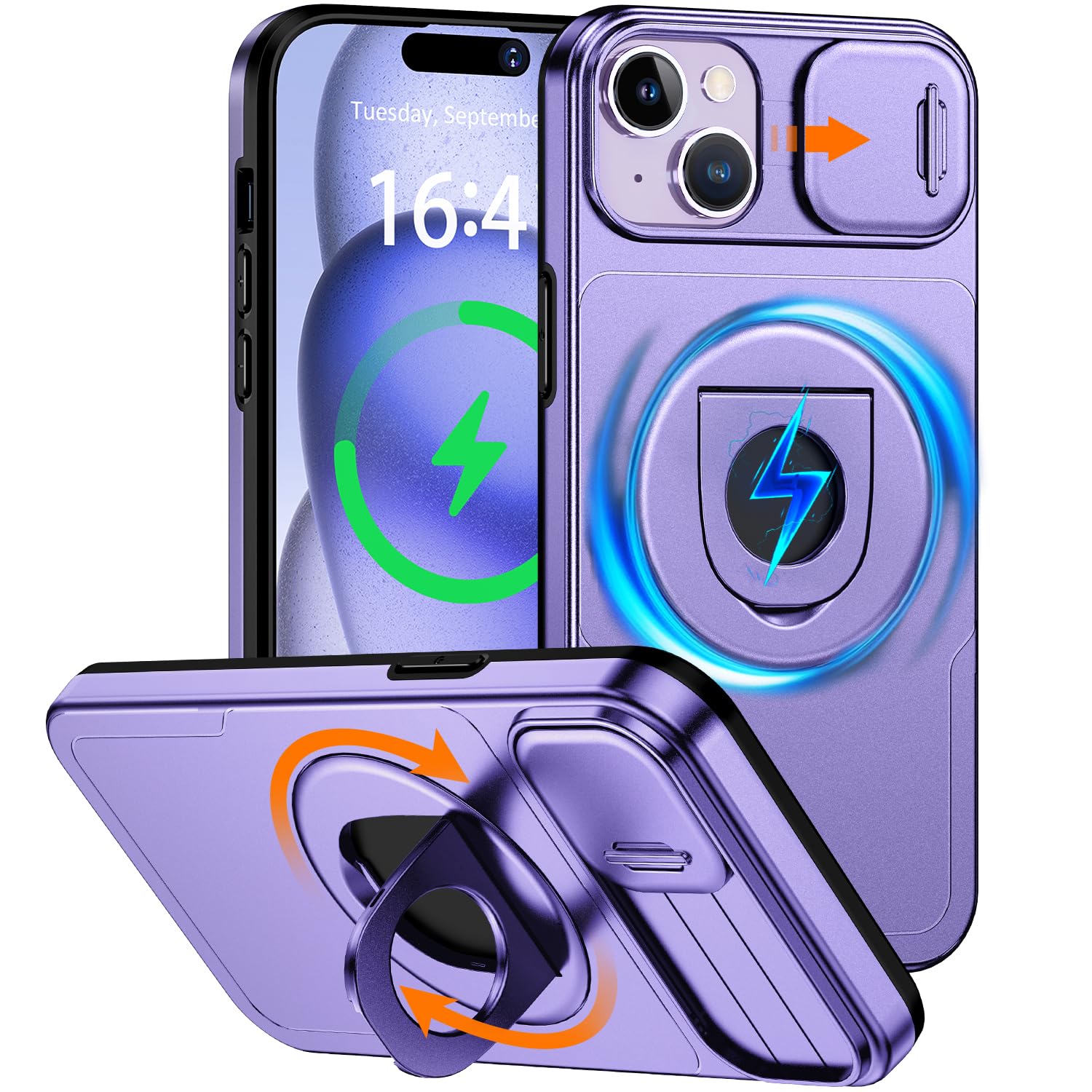360°Rotatable Magnetic Ring for iPhone 13 Case with Camera Cover, [Compatible with MagSafe] Build in Invisible Stand [Drop Protection] Shockproof Purple Case for iPhone 13