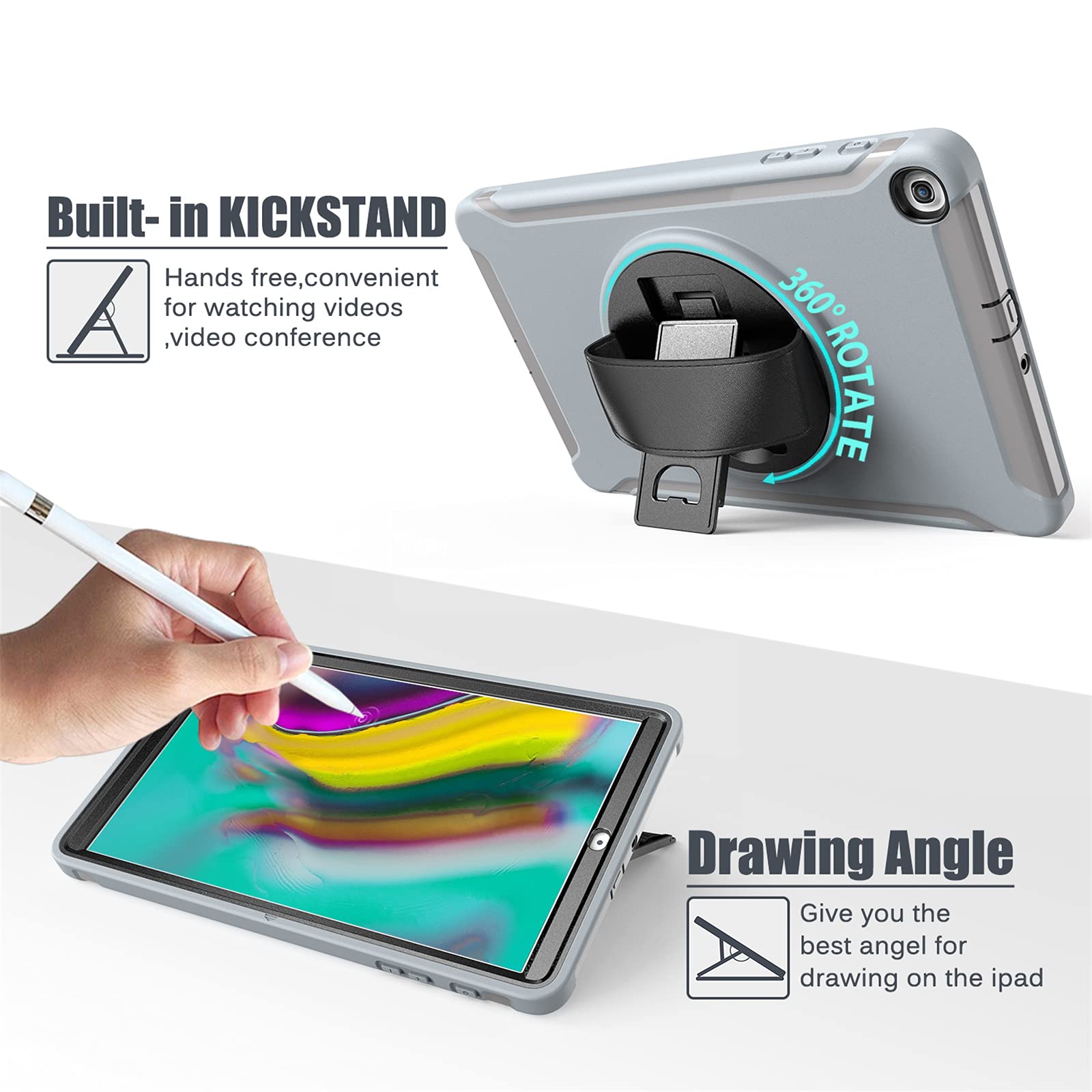 Funda para Samsung Galaxy Tab A 10.1 Pulgadas 2019 (SM-T510/T515/T517), Heavy Duty Three Layers Antichoque Carcasa Rugosa con 360 Soporte Rotación Correa de Mano Anticaída