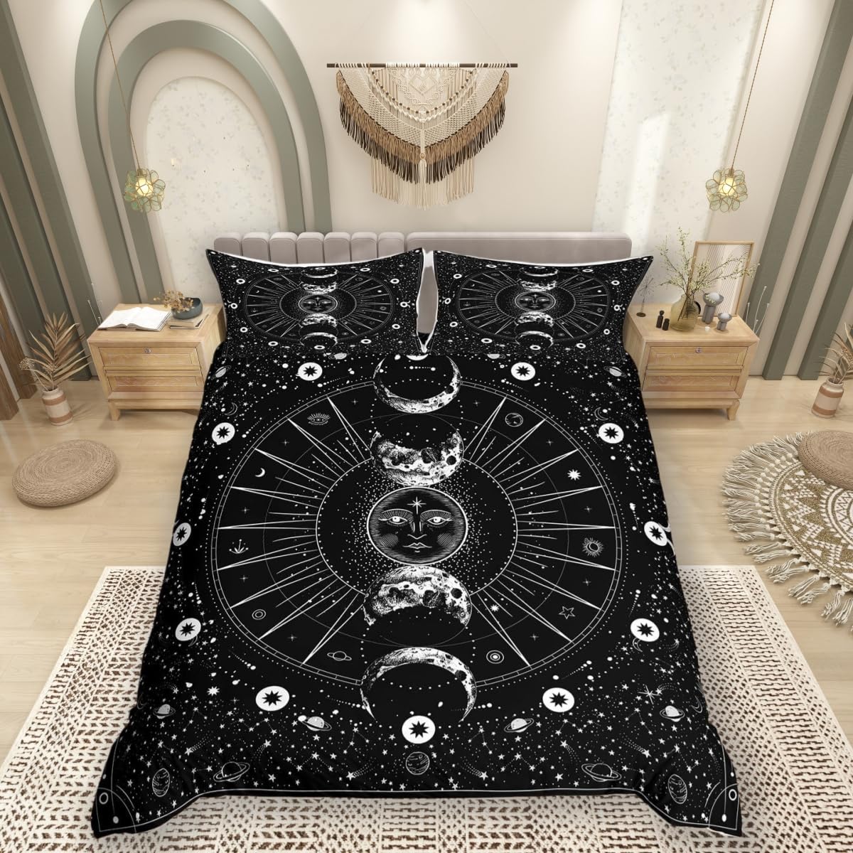feelingyou Sun Moon Duvet Cover Double Size,Stars Space Psychedelic Comforter Cover for Adults Kids Bedroom Decor,Black and White Decorative Bedding Set 2 Pillowcases,No Comforter