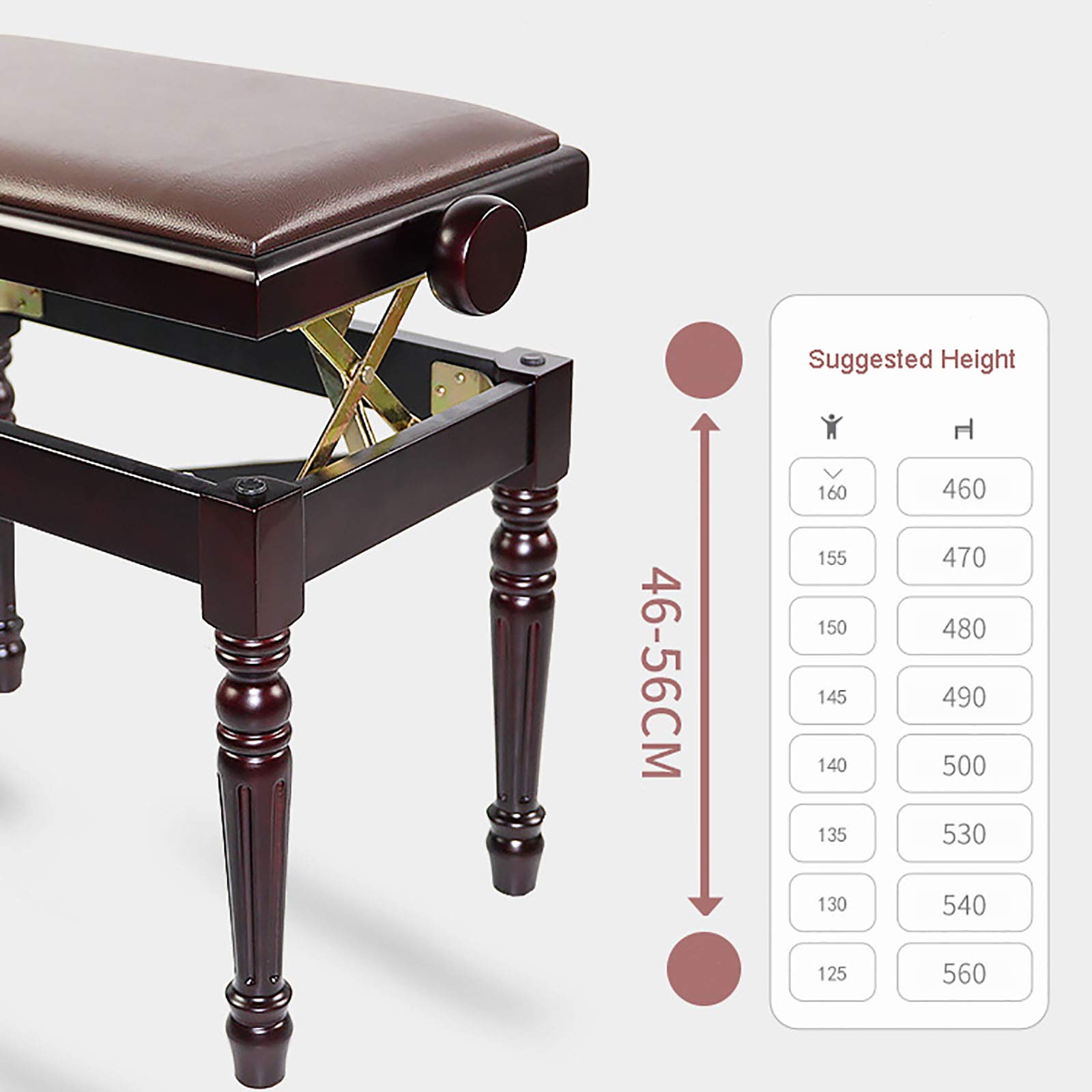 sdneNest Taburete de madera para piano con cojín de altura ajustable para teclado, tocador, tocador, impermeable, rango de color marrón, 46 a 56 cm, marrón