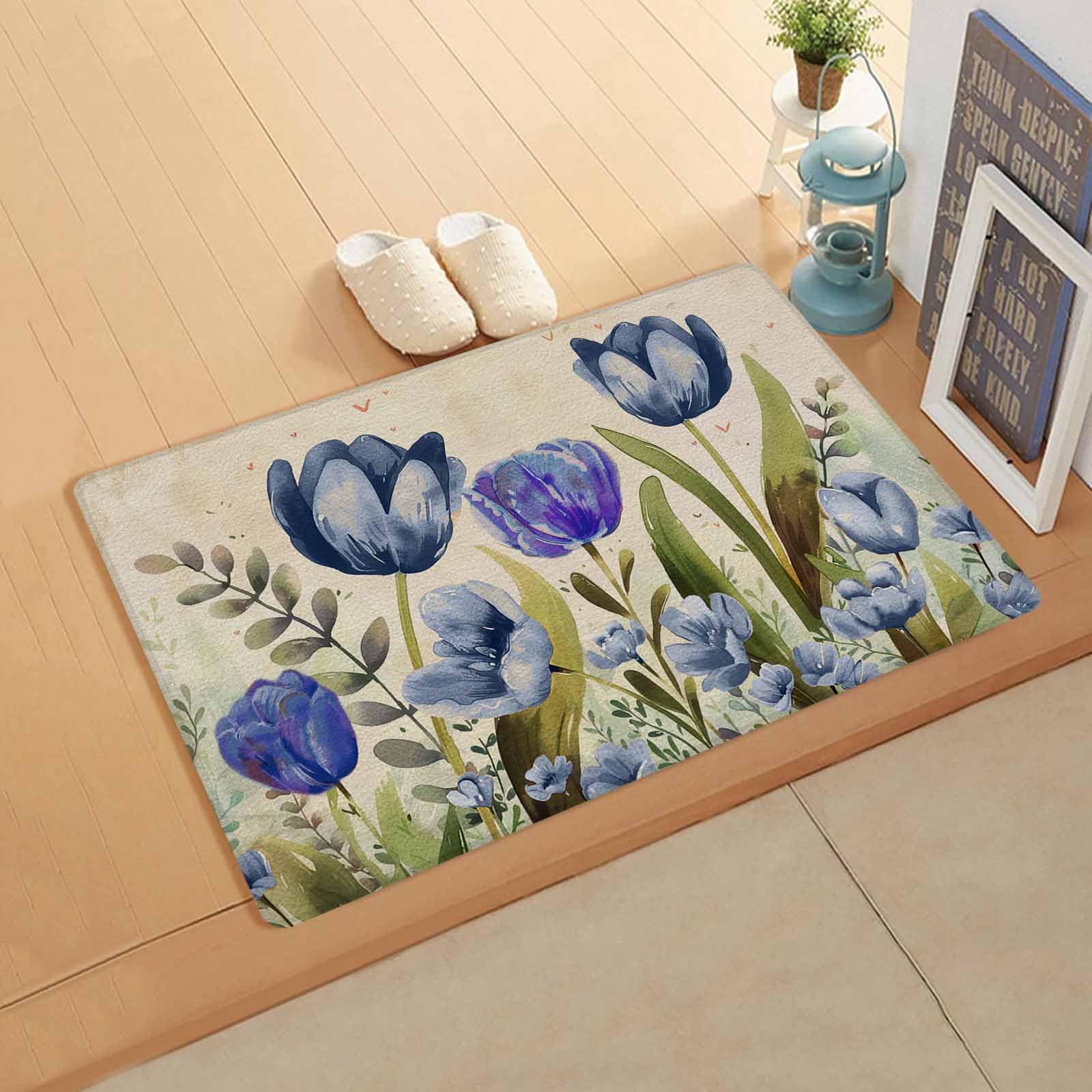 Floral Blue Antifatigue Kitchen Bath Door Mat Cushioned Runner Rug,Washable Welcome Floor Sink Mat,Waterproof & Non-Slip Kitchen Standing Doormat,Retro Spring Summer Tulip Eucalyptus Painting 18
