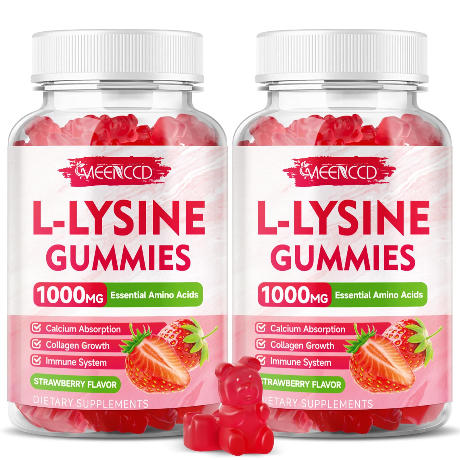MEENCCD 2 Pack L-Lysine 1000mg Gummies, Lysine Supplement for Adults & Kids, Essential Amino Acid for Oral & Lips Health, Boost Immune & Calcium & Collagen, Sugar-Free, Strawberry Flavor, 120 Count 60 Count (Pack of 2)