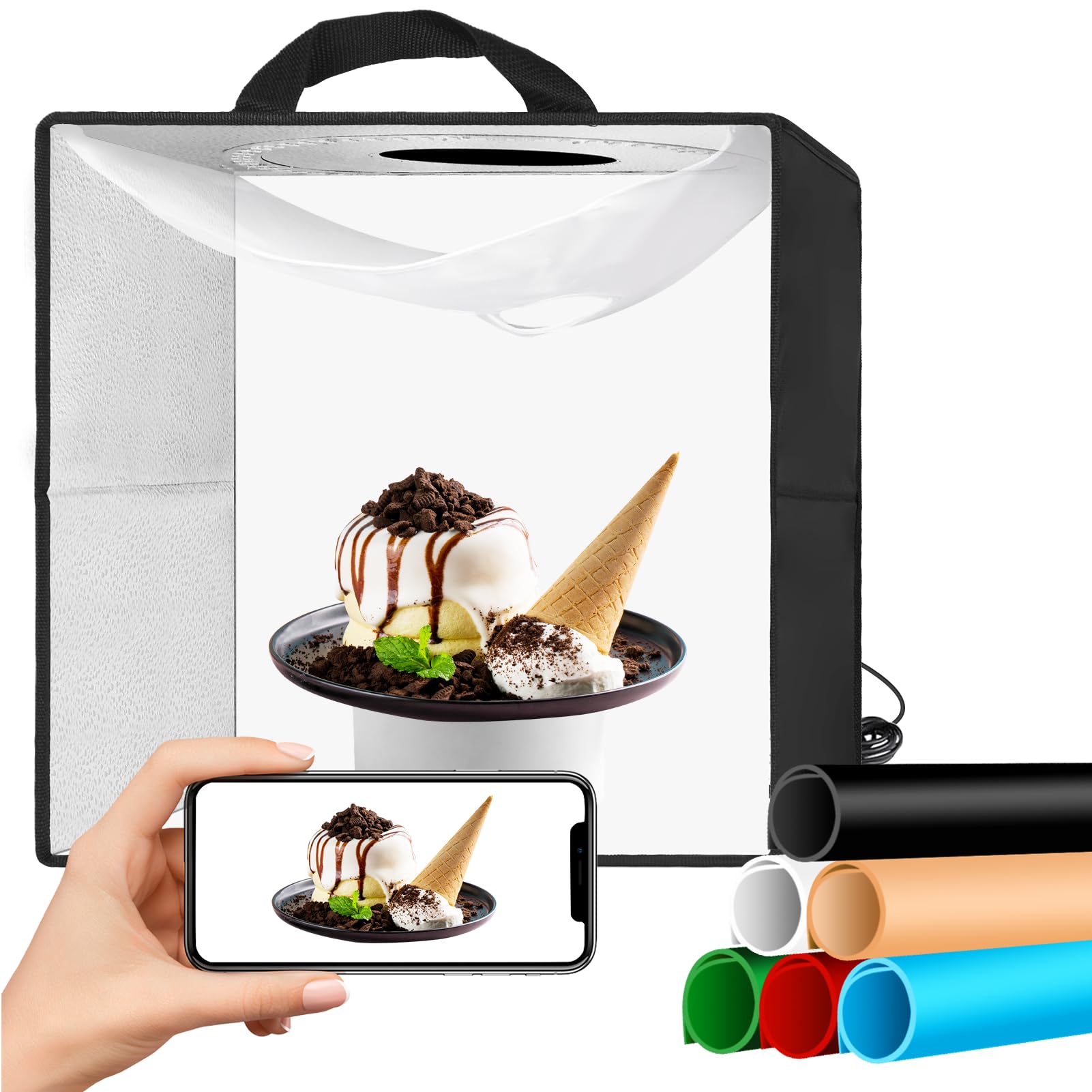 EMART Boîte à Lumière pour Photographie, 40 x 40 cm Boîte à Lumière de Studio Photo, Tente Lumineuse Portable, 144 Lumières LED et 6 Fonds en PVC Imperméables pour Photographie de Produits, Petits