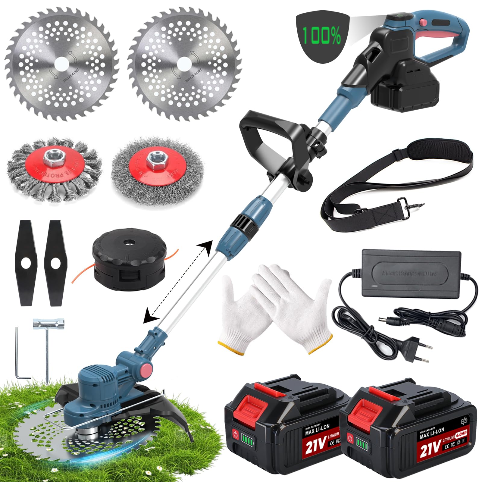 Coupe Bordure sans Fil avec Batterie,Coupe-Herbe 5 en 1 à Batterie-Moteur sans balais 750 W, Débroussailleuse avec 2×4,0 Ah 21 V, Pliable - Convient pour Le Jardin, la pelouse et Le désherbage - Bleu