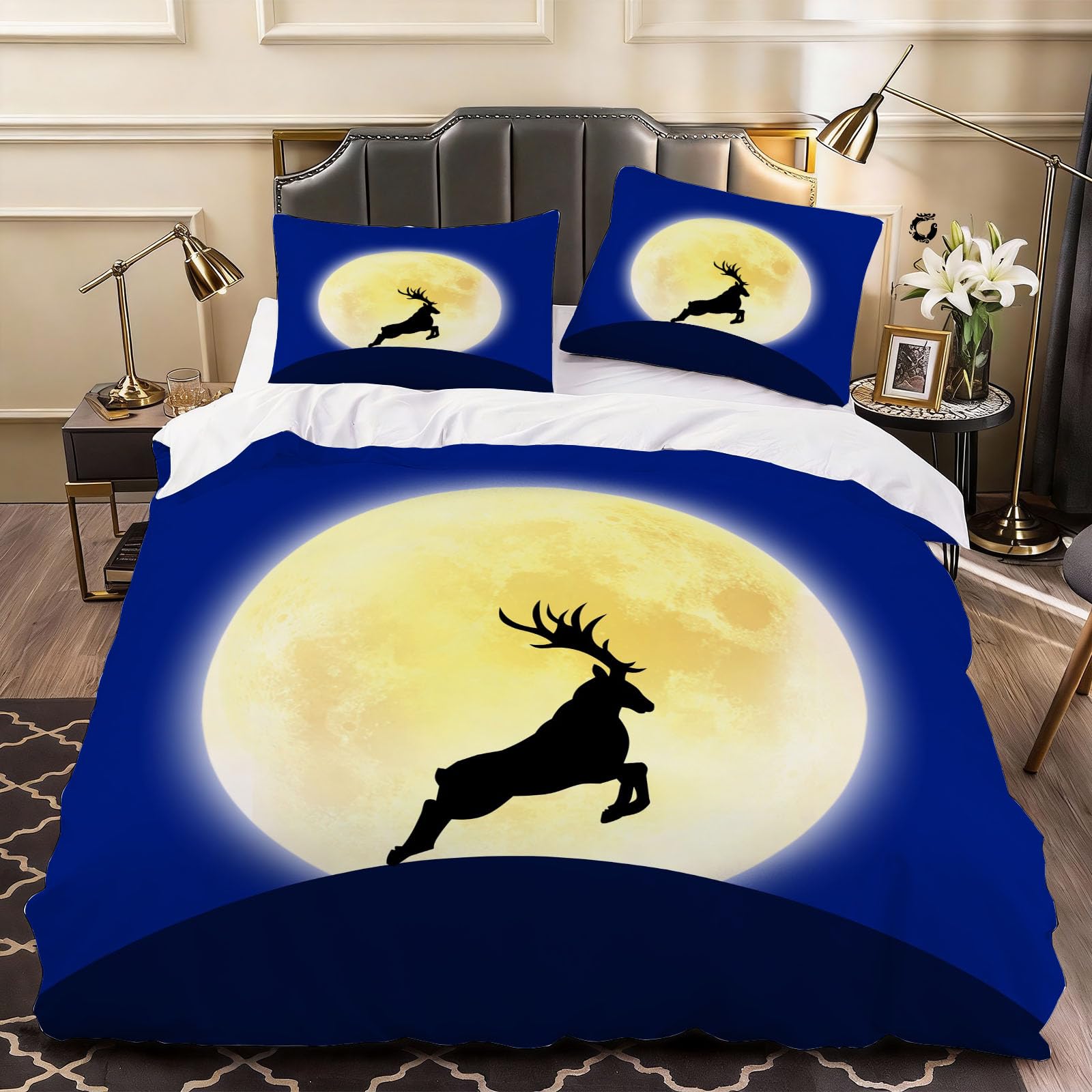 3D Deer Elk Duvet Cover Moon Bedding Double Bed Set, Soft Microfiber Comforter Cover Printed with Zipper Closure Quilt Coverr 200x200 cm and 2 Pillowcases