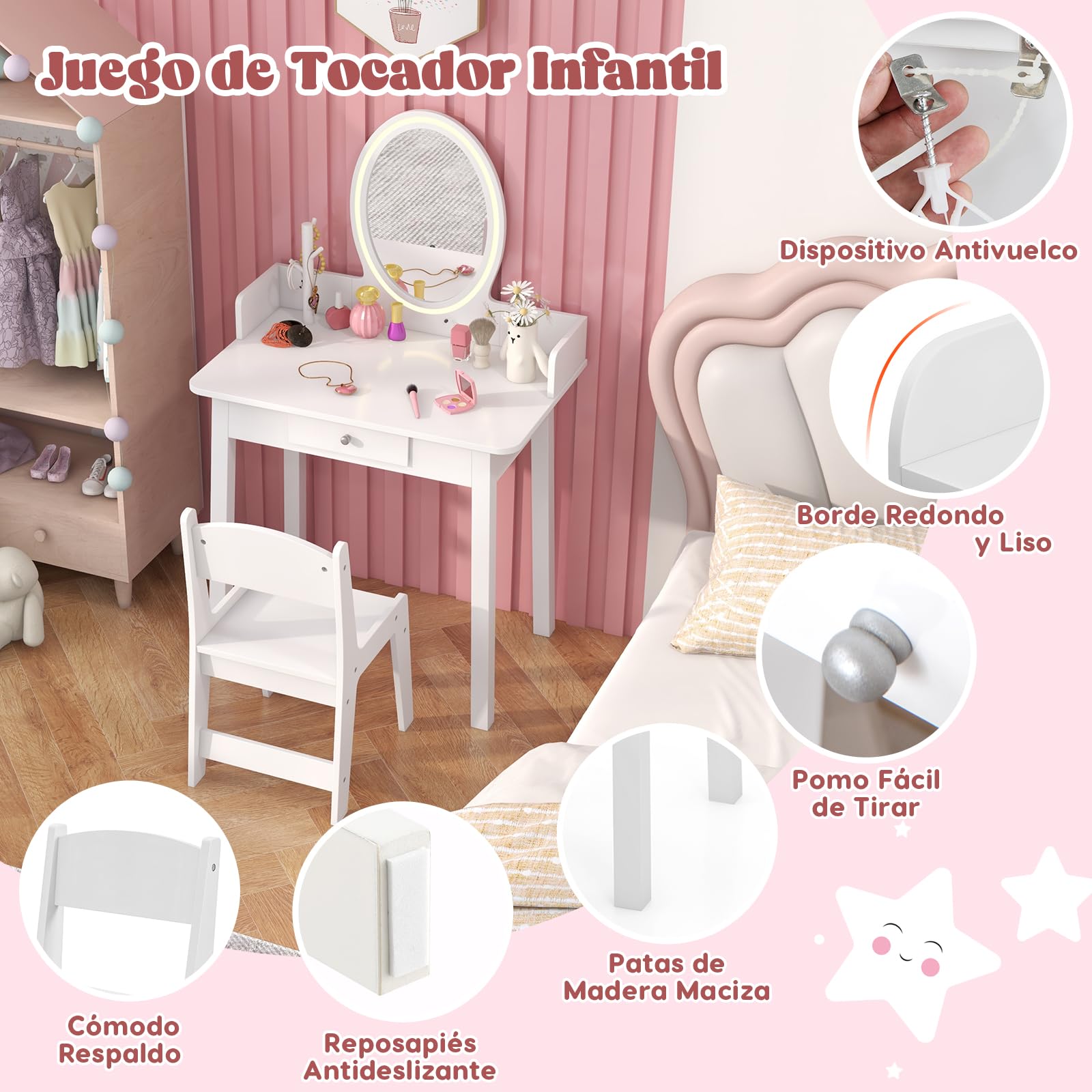 RELAX4LIFE Tocador de Maquillaje Niña 2 en 1 con Espejo Extraíble, Luces LED 2 Colores y Taburete, Blanco