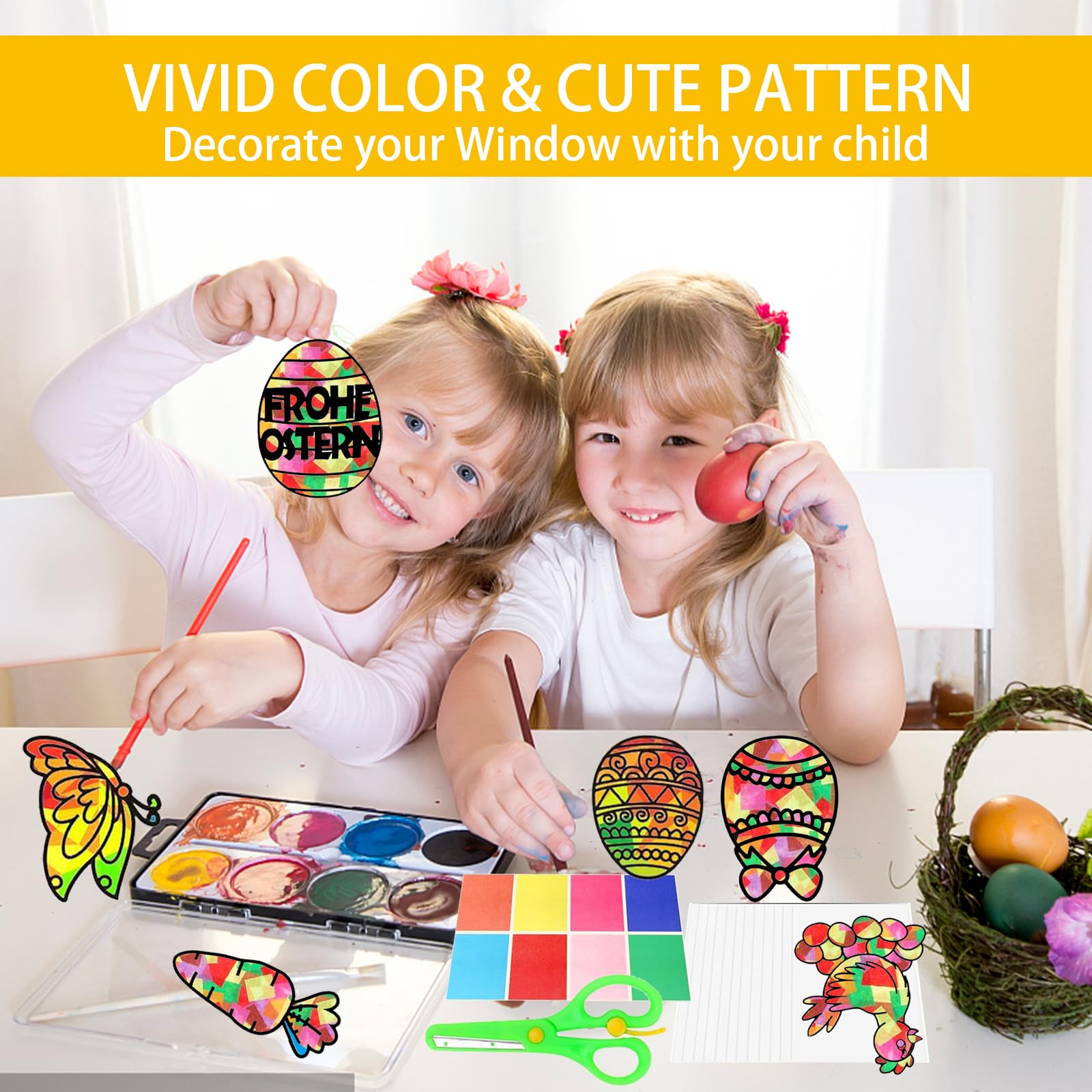 Kit DIY Pâques Vitraux 12 Pièces – Artisanat Enfant Créatif, Autocollants Vitrail Pâques Lapin Œuf
