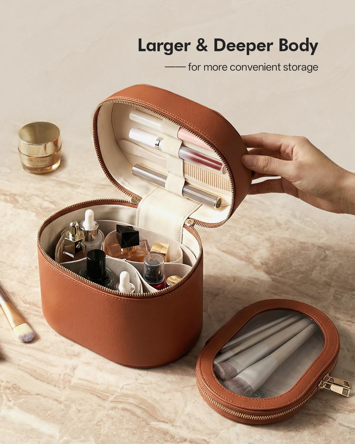 Prite 2 Pcs Trousse Maquillage Femme Vanity Case Voyage Portable Trousse de Toilette Cuir Rigide avec Séparateur et Trousse à Brosse Amovibles (Marron)