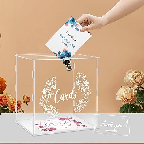 Caja de tarjetas de boda de acrílico con letrero, caja grande de acrílico transparente con cerradura para boda, recepción, aniversario, ducha, disponible en Yaxa Peru