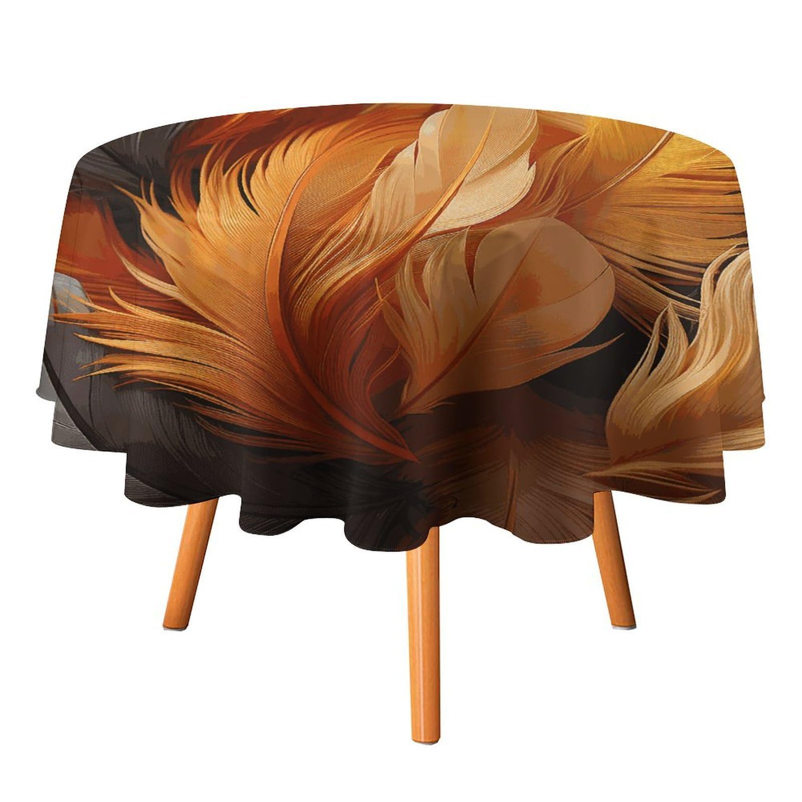 Fekiloot Style Gold And Orange Feathers Round Tablecloth - Heavy Duty And Washable,Polyester Decorative Fabric Table Cover,Tablecloths For Kitchen Dining, Wedding, Birthday Party70x70in