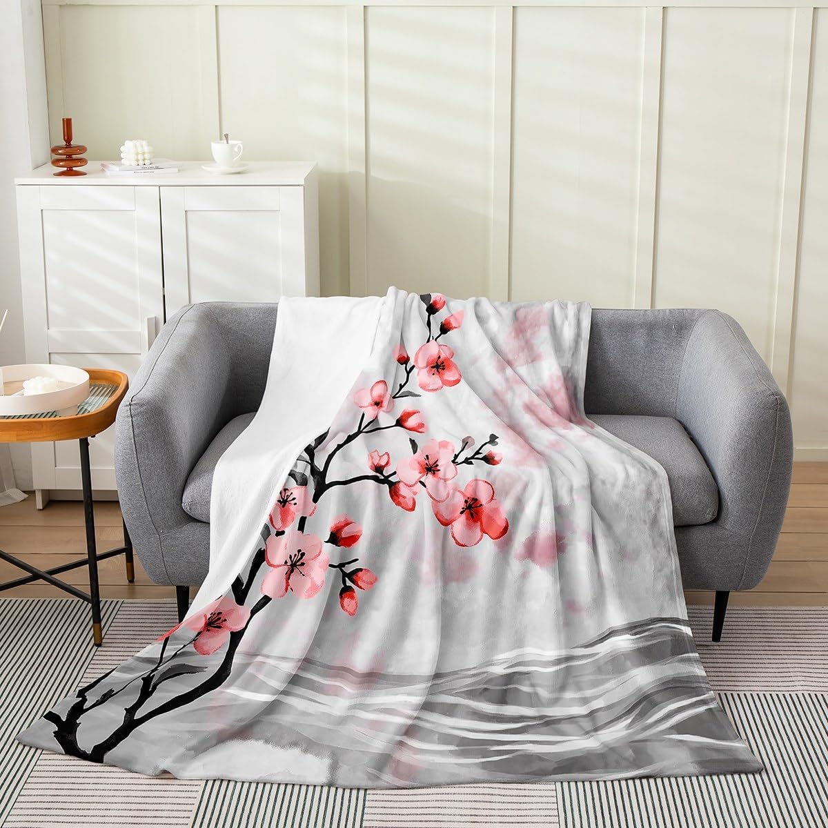 Erosebridal Cherry Blossom Throw Blanket Queen 90x90,Chinoiserie Chic Style Fleece Flannel Blanket,Elegant Floral Branches Style for Girls,Spring Garden Flowers Plum Decor,Grayish Blue