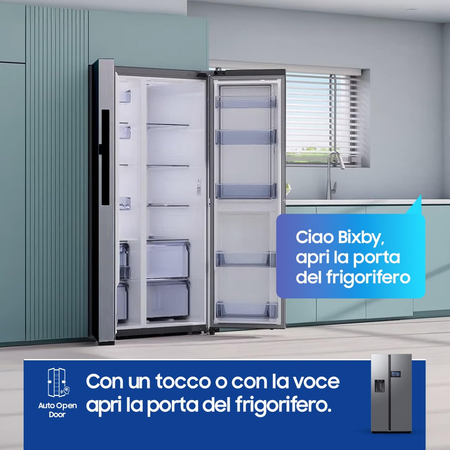 Samsung Frigorifero Side by Side AI Home F-RG90F65EDT3M, Dispenser Acqua/Ghiaccio Senza Allaccio, Wifi con AI Energy Mode, SpaceMax, 3 Mesi Garanzia Extra, 614 L, LxAxP: 91,2 x 178,4 x 72,6 cm, Inox