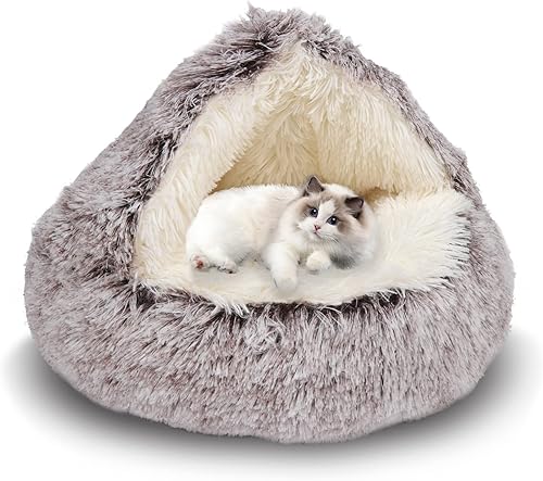 ShinHye Cama para gatos, cama redonda de felpa con capucha para gatos, acogedora para gatos de interior o camas para perros pequeños, camas