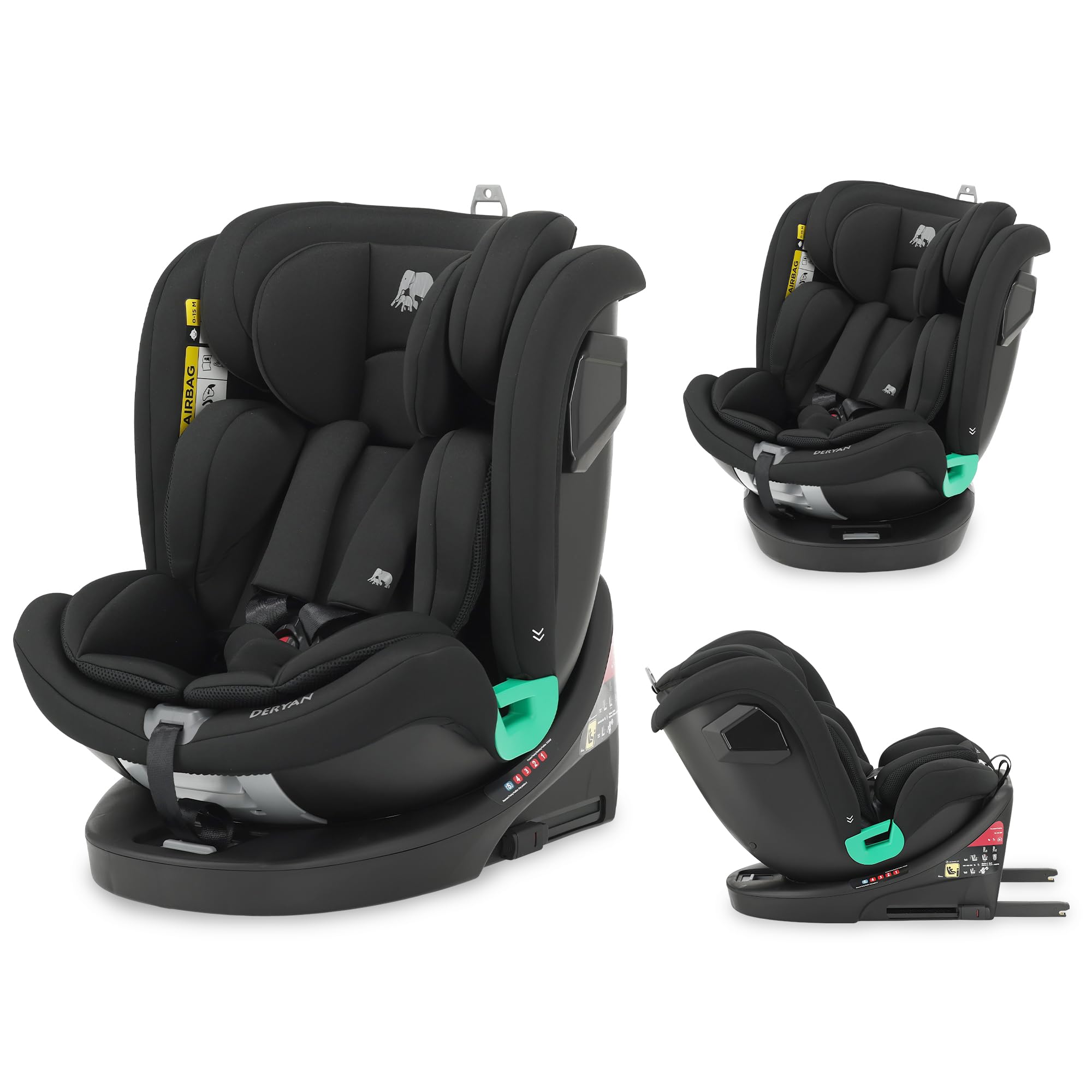 Silla de coche para niños Deryan Colin 360° i-Size (40-150 cm), 0-12 años, 0-36 kg, Montaje con isofix de seguridad, reposacabezas y respaldo ajustables, R129 (Negro)