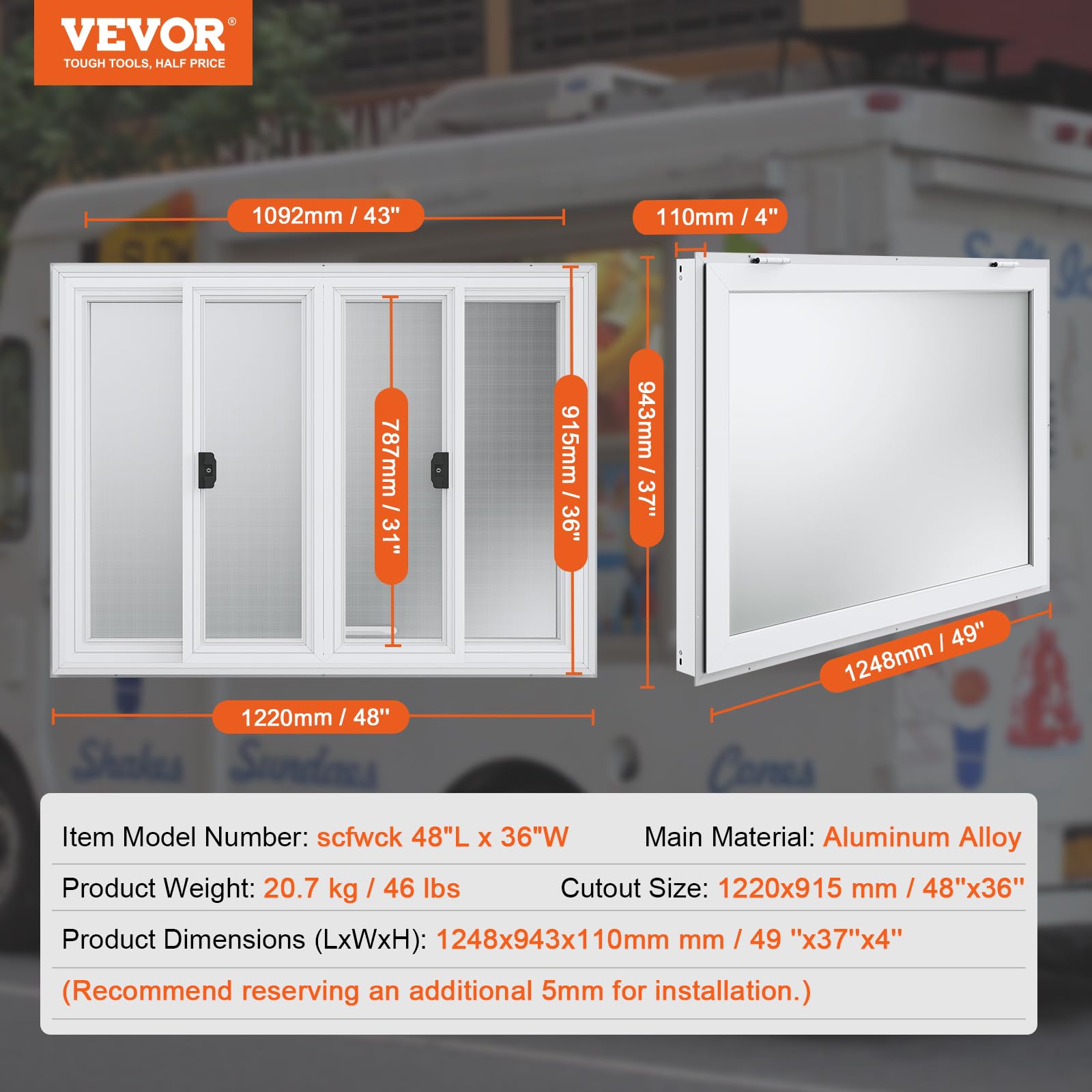 VEVOR Ventana de Concesión de 1248 x 943 x 110 mm de Servicio de Camión de Alimentos de Aleación Aluminio con 4 Ventanas Corredizas Horizontales y Puerta de Toldo y Gancho de Arrastre, Hasta 85 Grados
