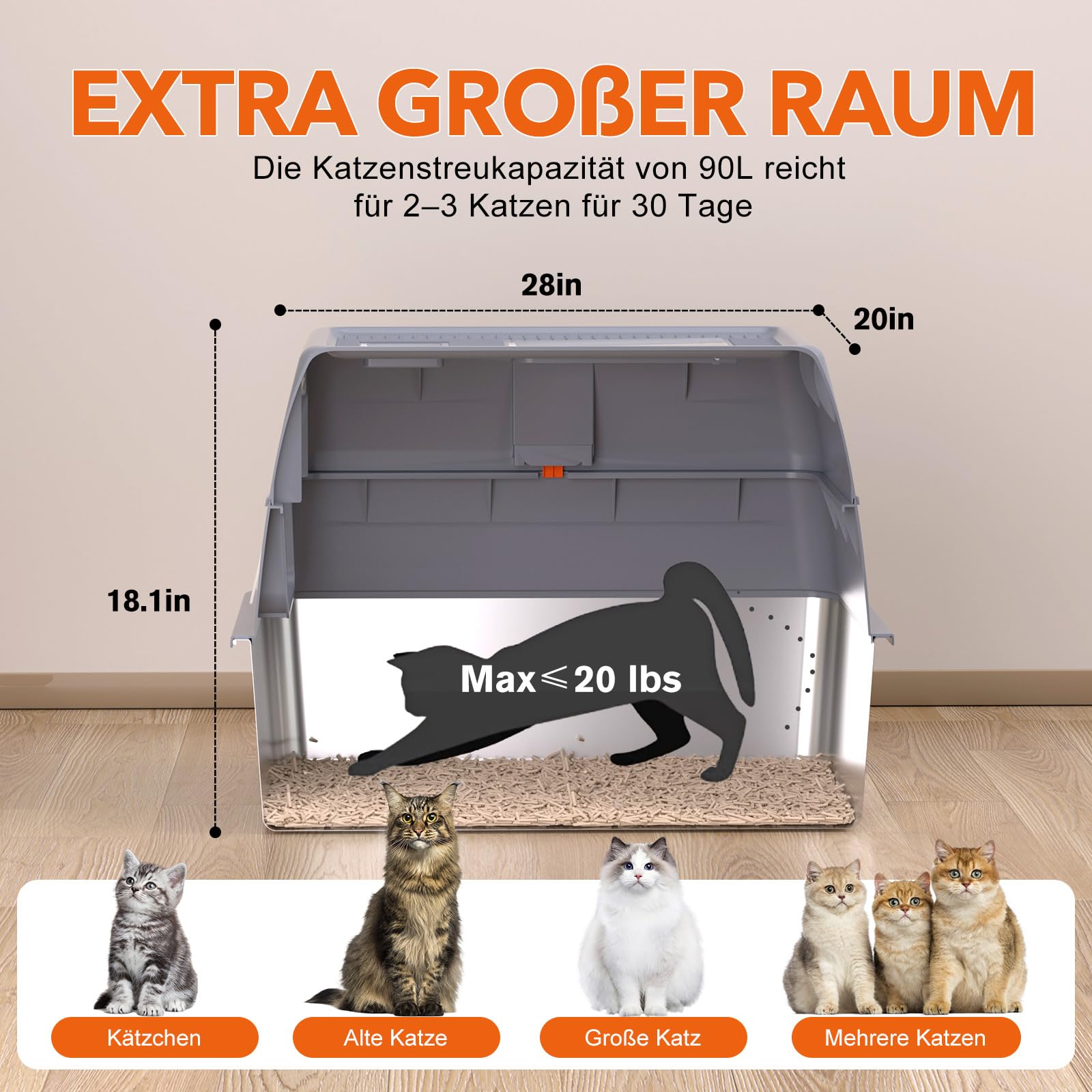 XXXL Katzenklo Edelstahl mit Deckel 70x50x45 cm 90 L extra groß Katzentoilette Edelstahl für große Katzen & Mehrkatzenhaushalte, geschlossenes/Offen, leicht zu reinigen, Anti-Leck, mit Pedal