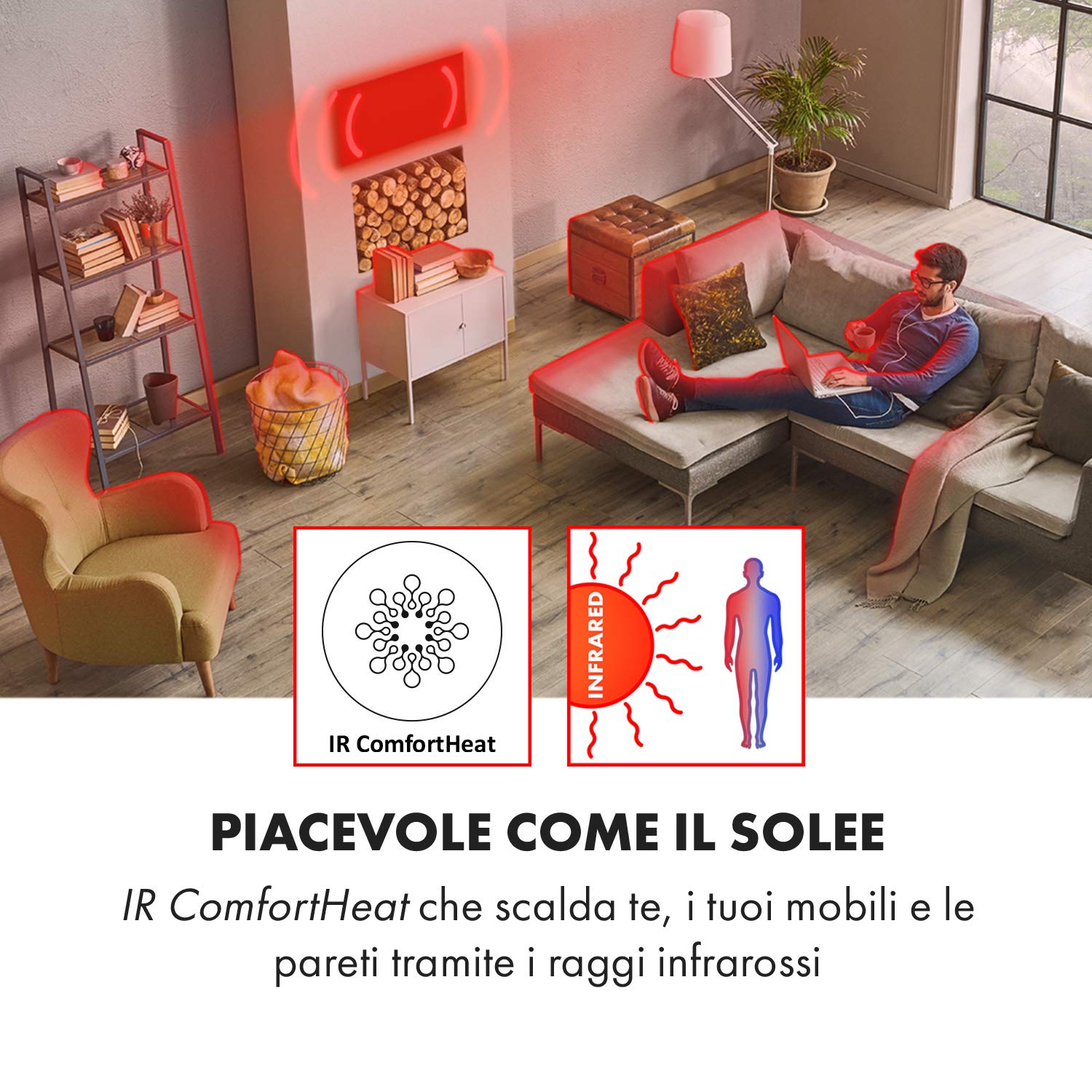 Klarstein Smart Stufa Elettrica Basso Consumo, Termoconvettore a Parete 350W Termosifone Elettrico, Riscaldamento Elettrico, Pannello Radiante Infrarossi, Lampada Riscaldante, Telecomando, IP52 No CO2
